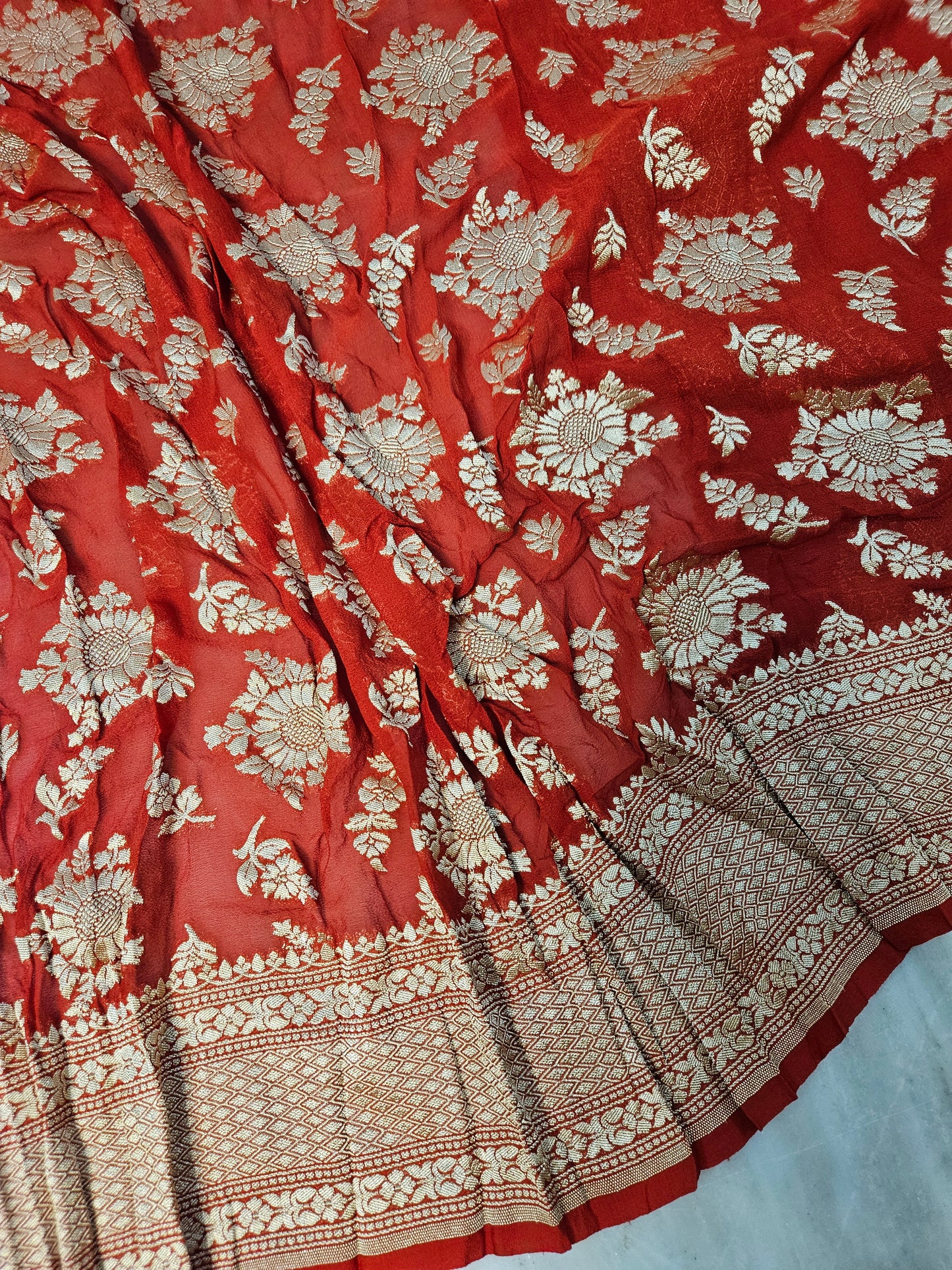 Pure Georgette Banarasi Saree weaving faux jaal nimzari in Claret Red