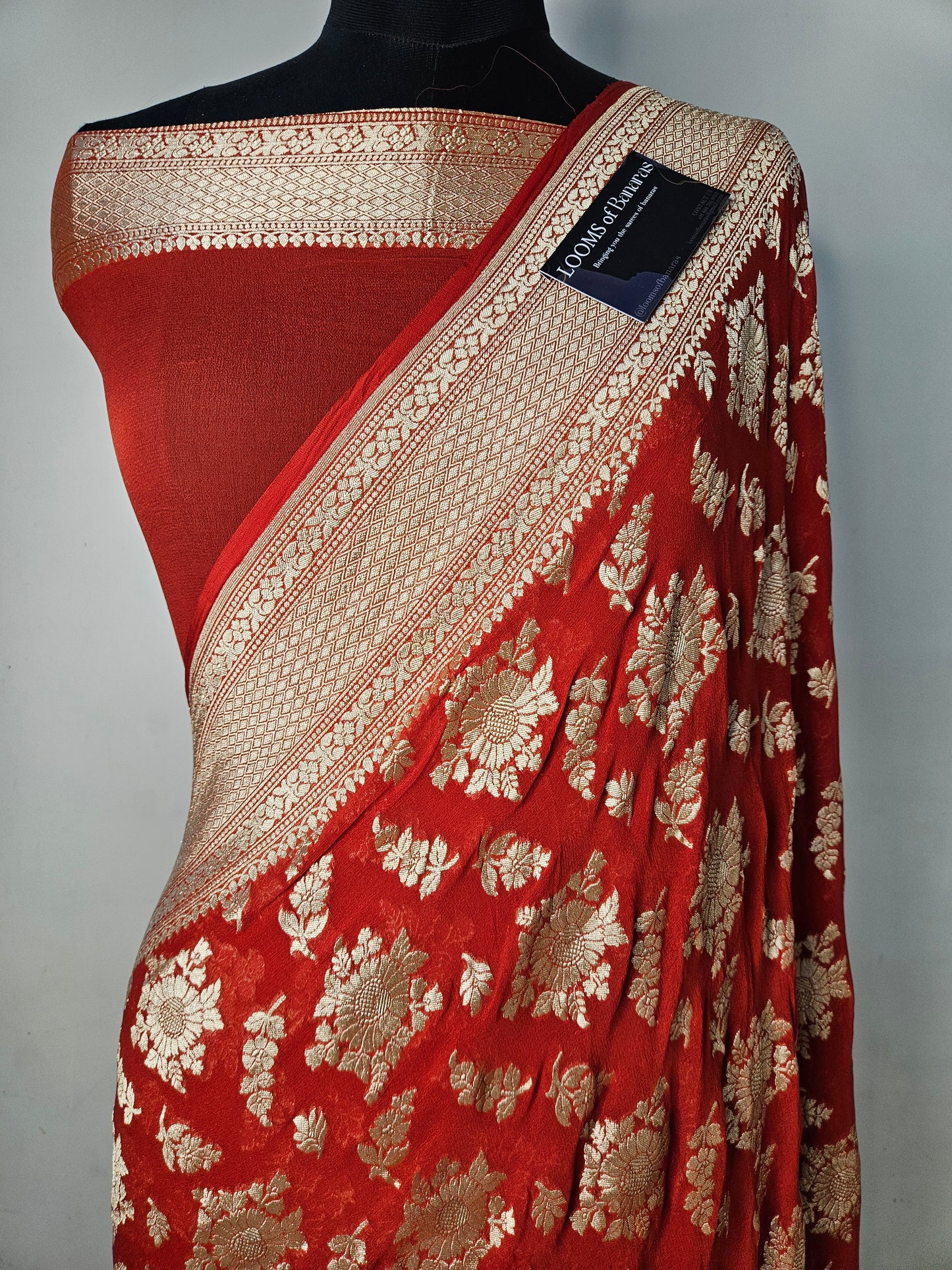 Pure Georgette Banarasi Saree weaving faux jaal nimzari in Claret Red