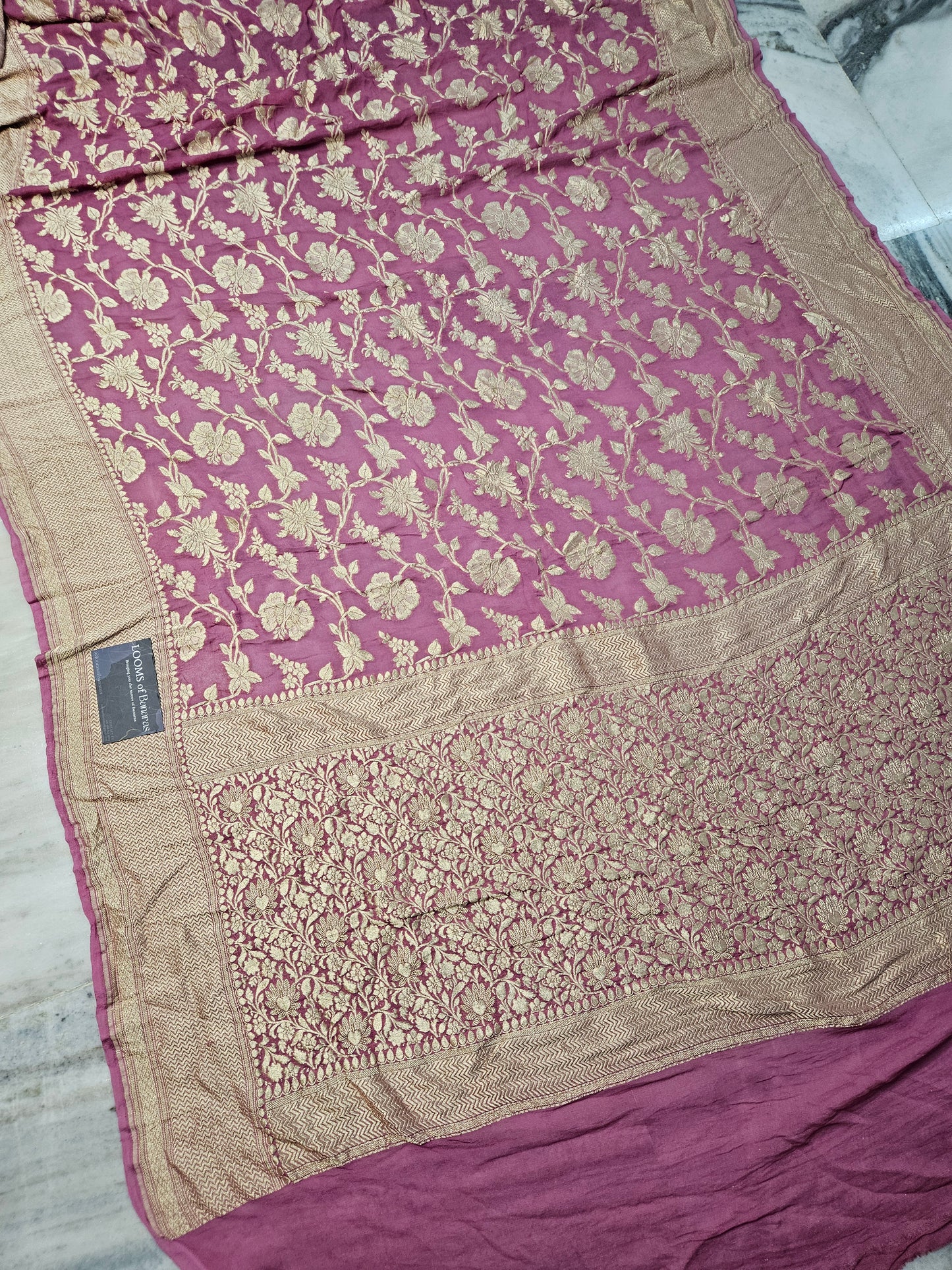 Pure Georgette Banarasi Saree weaving faux jaal nimzari in Tulip Pink