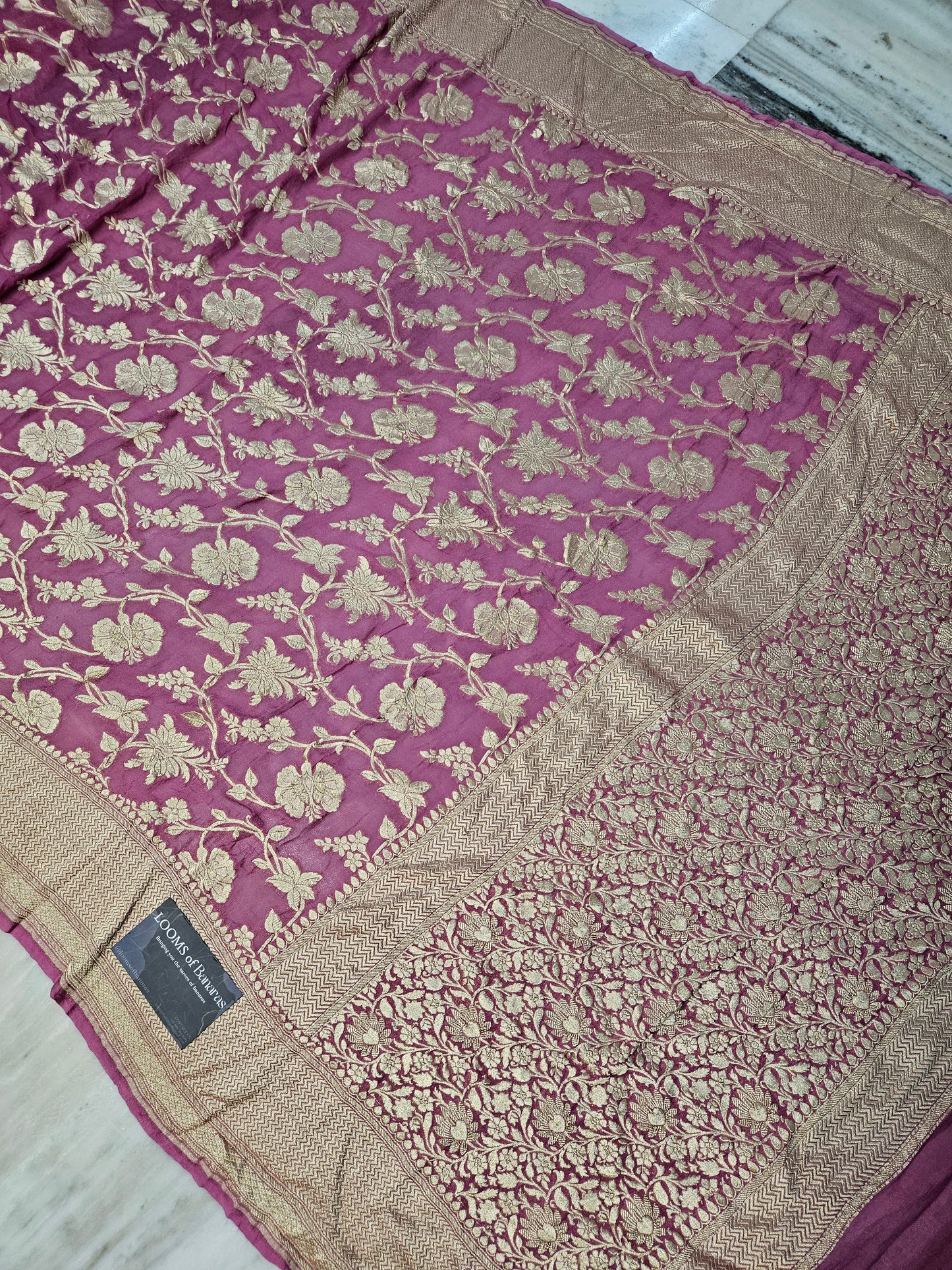 Pure Georgette Banarasi Saree weaving faux jaal nimzari in Tulip Pink