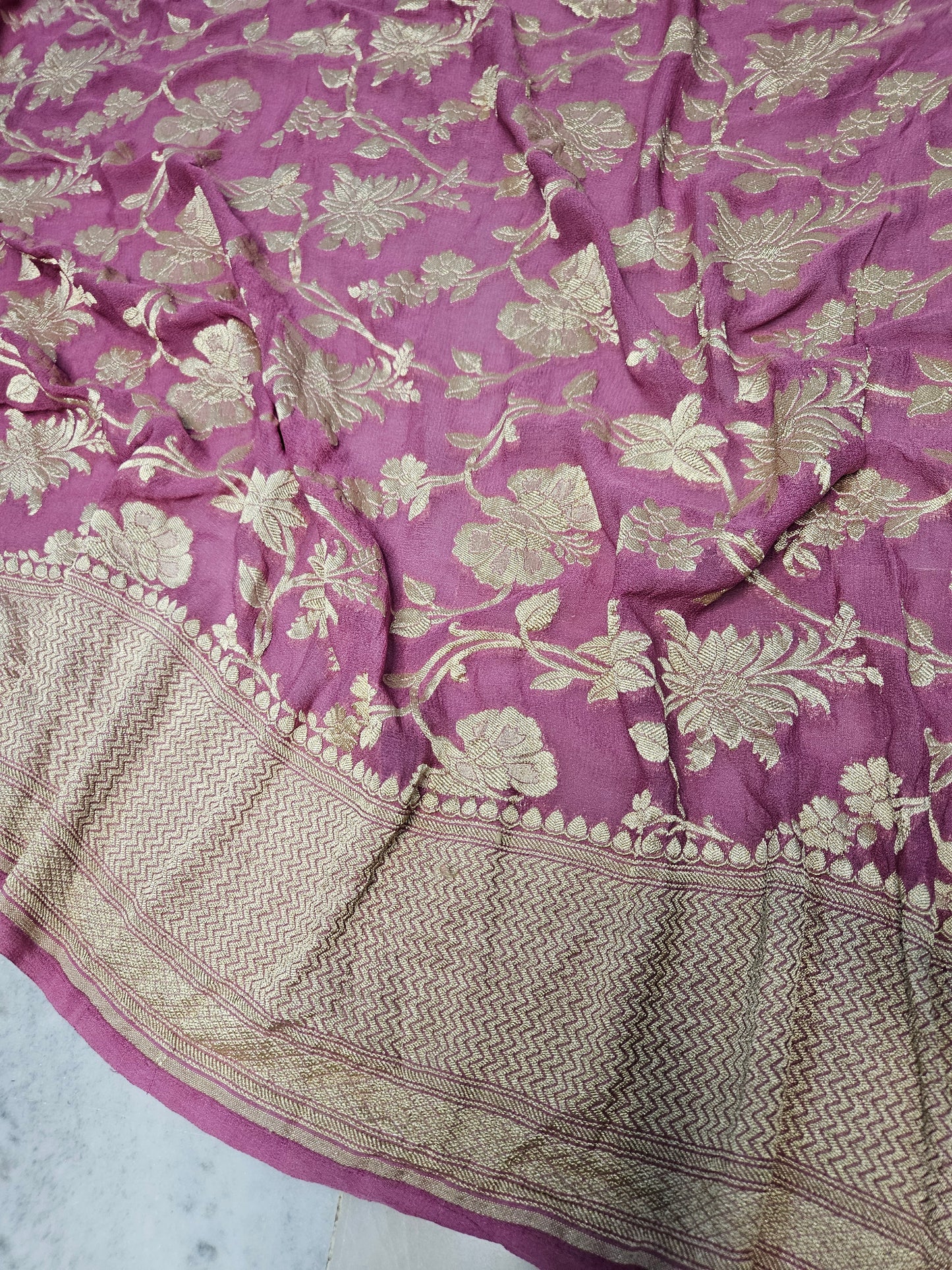 Pure Georgette Banarasi Saree weaving faux jaal nimzari in Tulip Pink