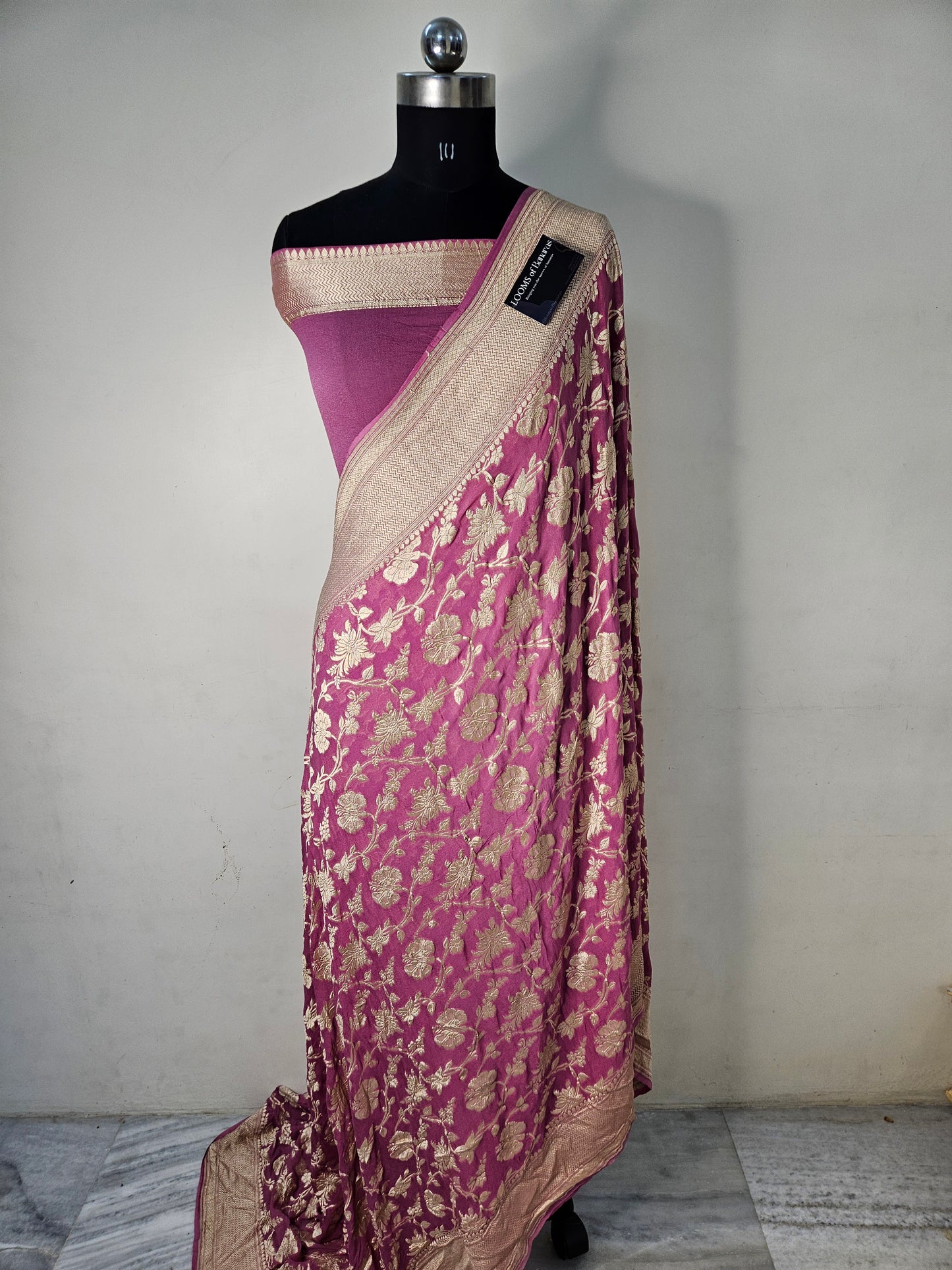 Pure Georgette Banarasi Saree weaving faux jaal nimzari in Tulip Pink