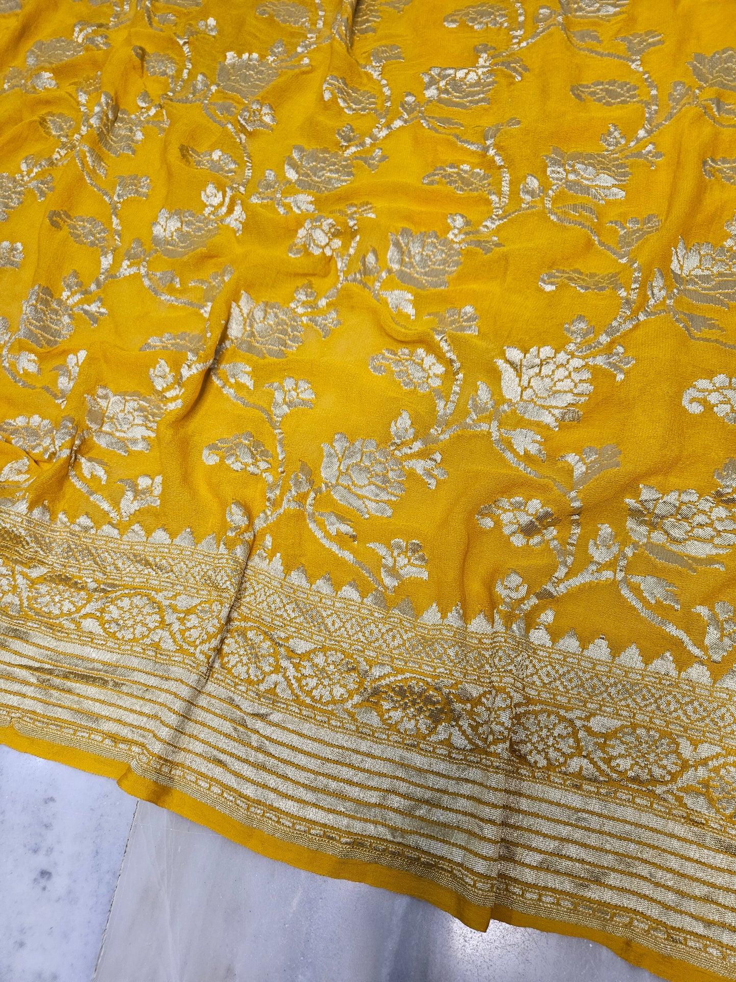 Pure Georgette Jungla Banarasi Saree in Yellow