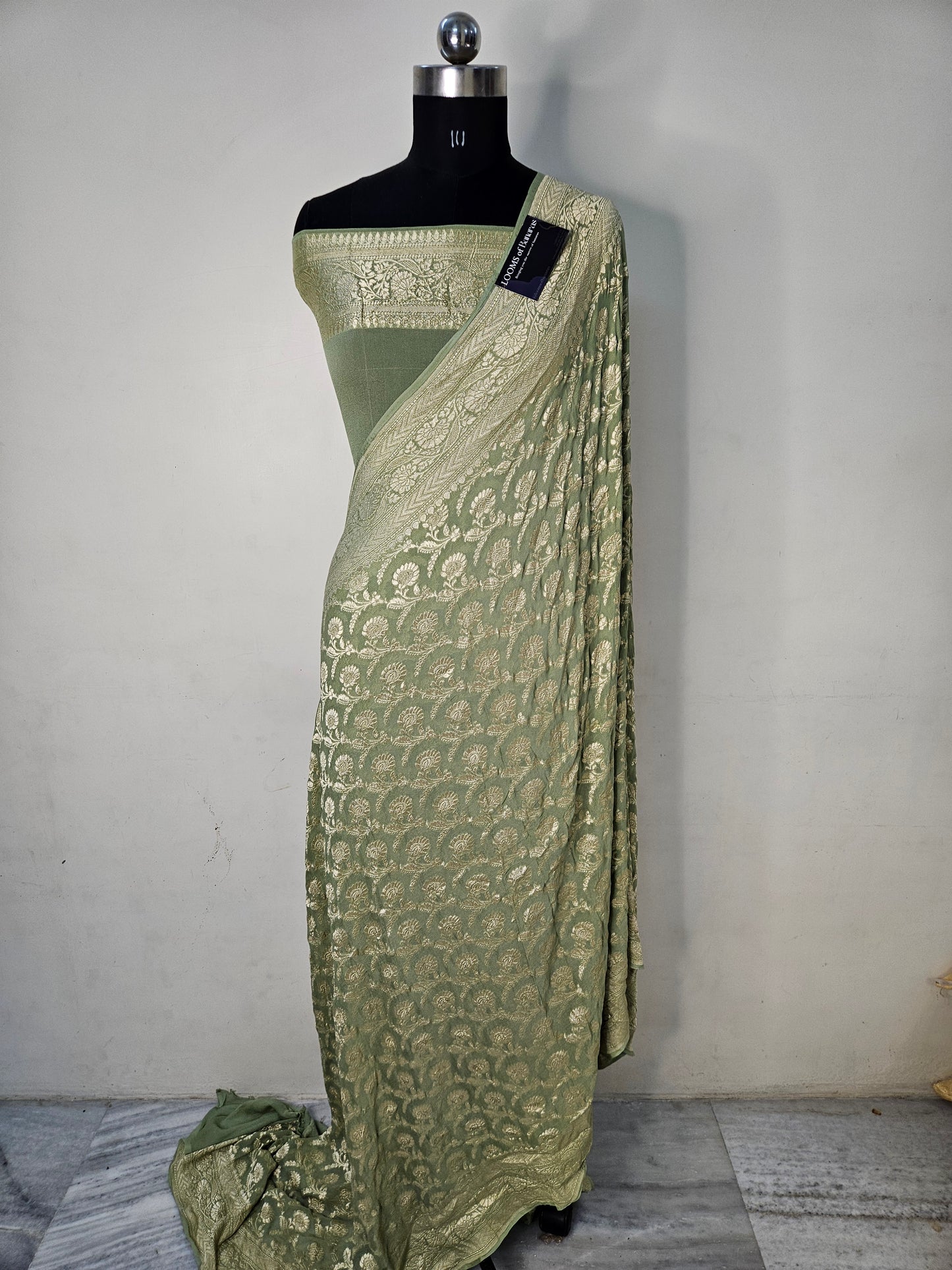 Pure Georgette Banarasi Saree weaving faux jaal watergold zari in dusty mehendi