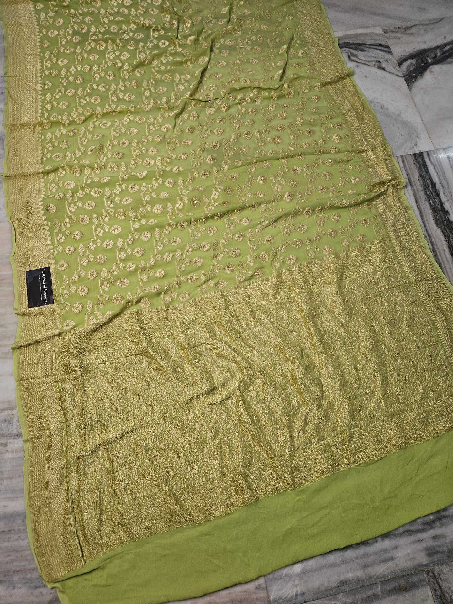 Pure Georgette Banarasi Saree weaving faux jaal watergold zari in Light Green