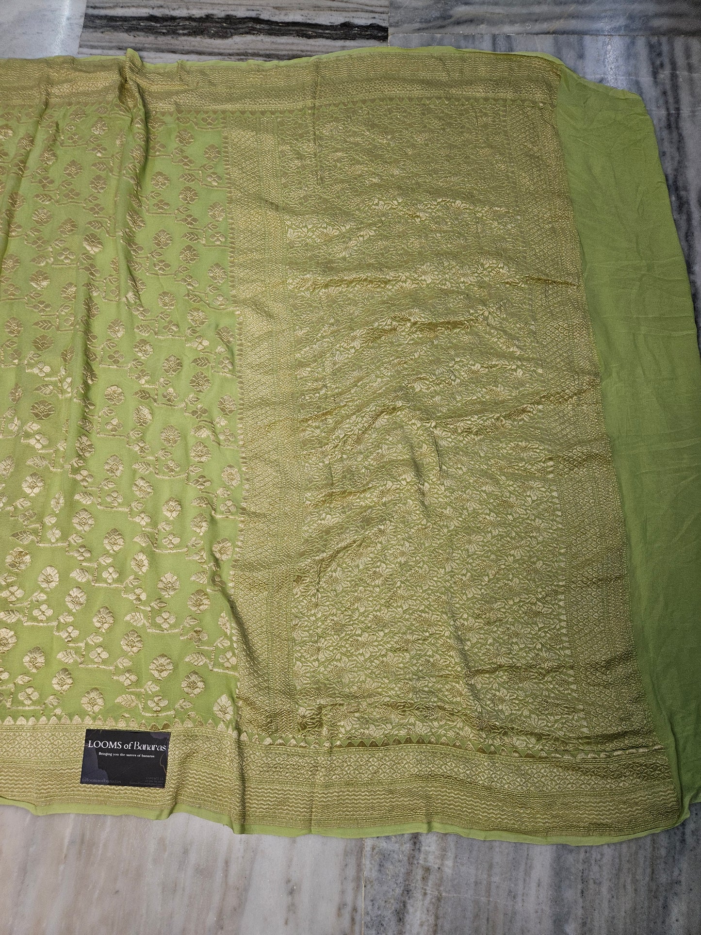 Pure Georgette Banarasi Saree weaving faux jaal watergold zari in Light Green