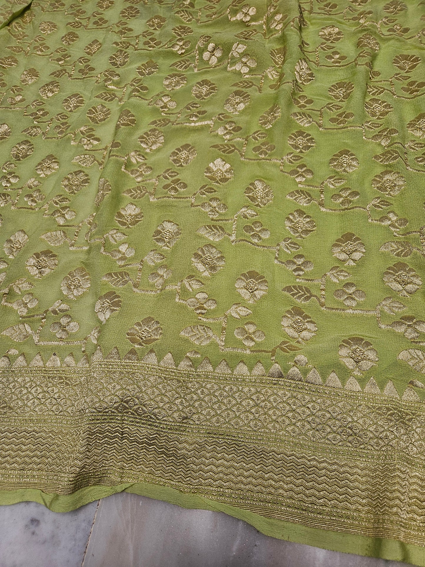 Pure Georgette Banarasi Saree weaving faux jaal watergold zari in Light Green