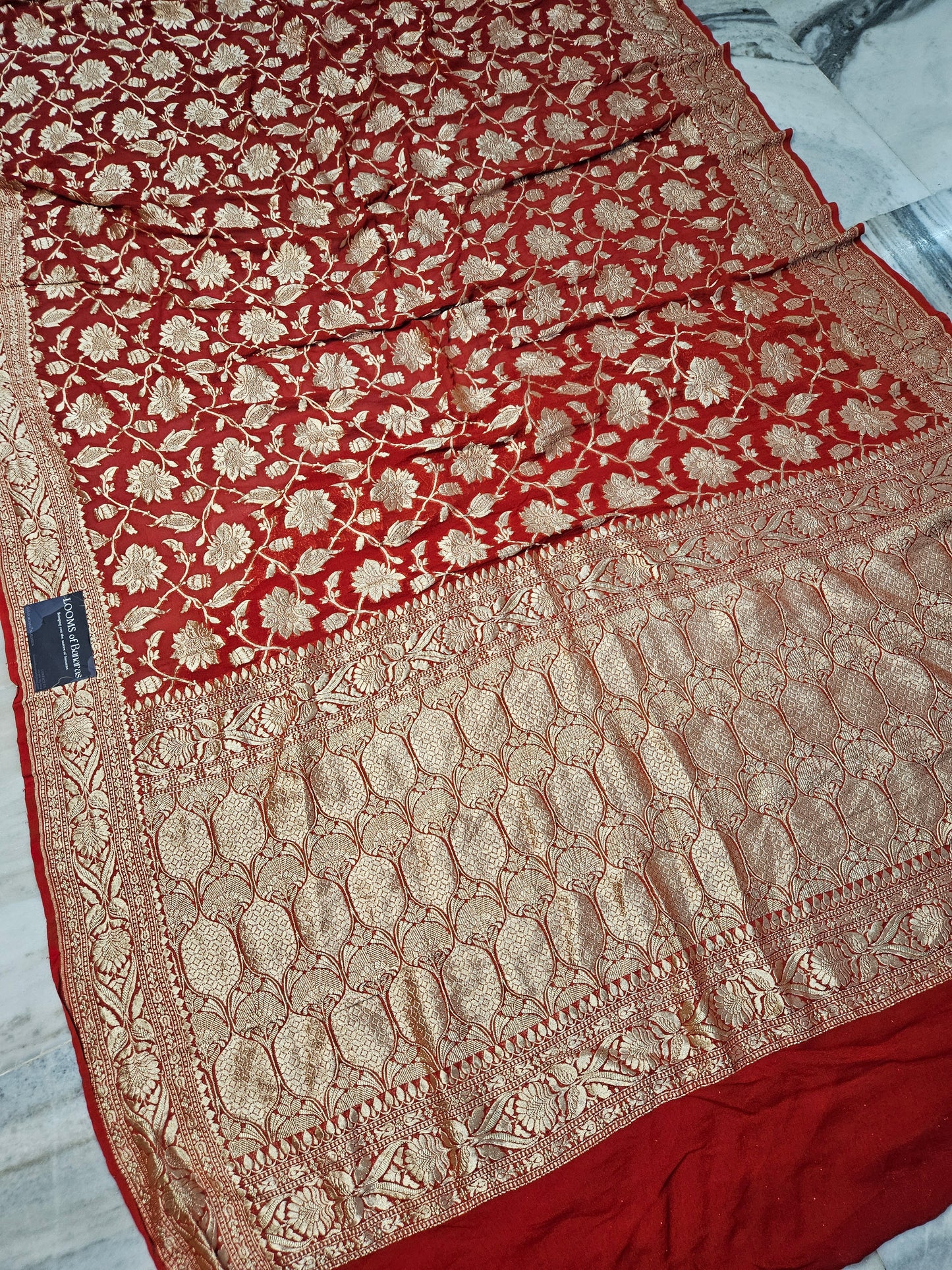 Pure Georgette Banarasi Saree weaving faux jaal watergold zari in Bright Red