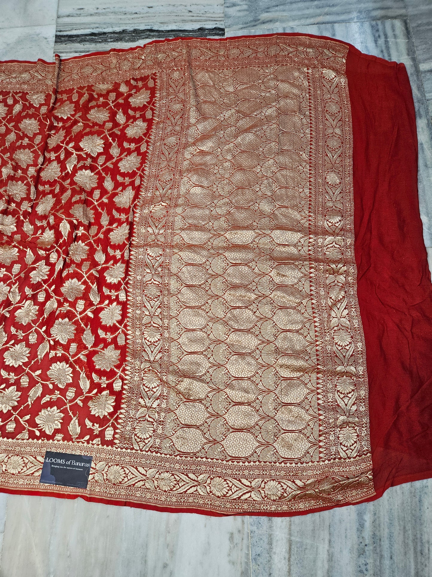 Pure Georgette Banarasi Saree weaving faux jaal watergold zari in Bright Red