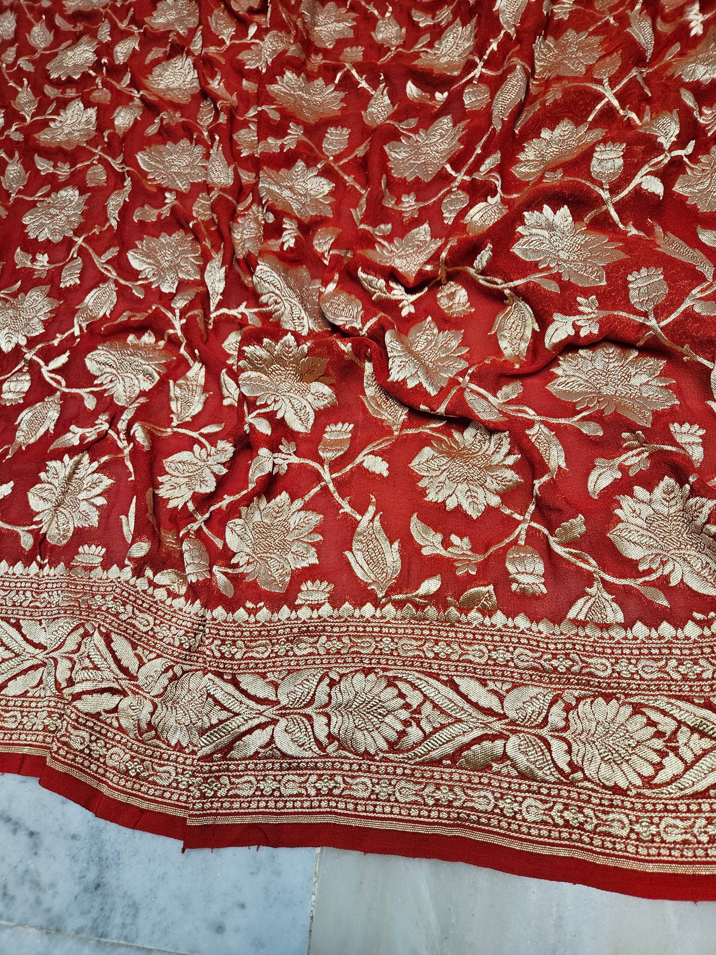 Pure Georgette Banarasi Saree weaving faux jaal watergold zari in Bright Red