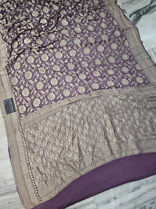 Purple Pure Georgette Banarasi Saree Jaal weaving faux watergold zari