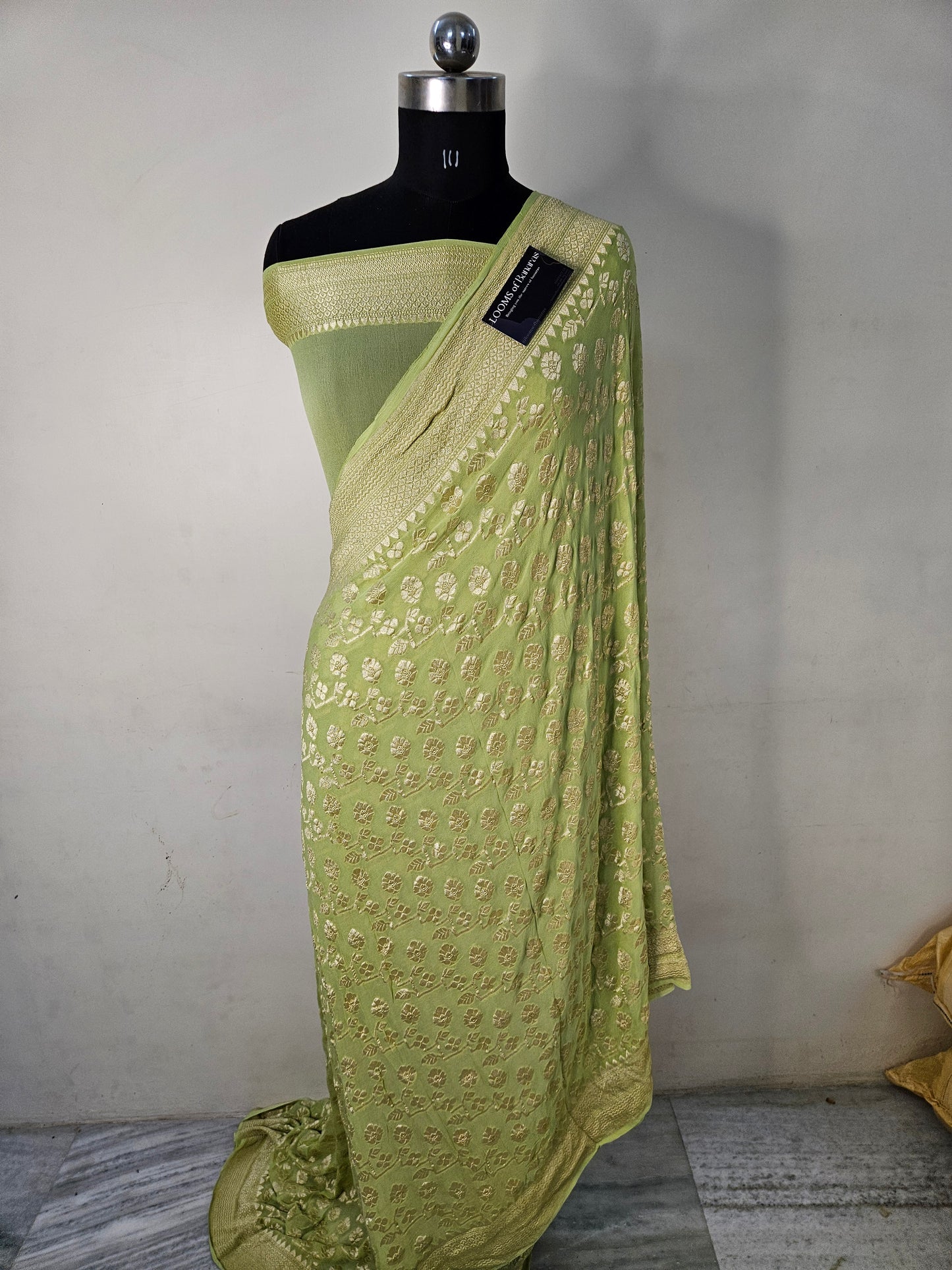 Pure Georgette Banarasi Saree weaving faux jaal watergold zari in Light Green