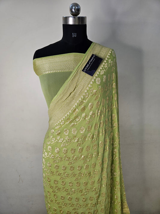 Pure Georgette Banarasi Saree weaving faux jaal watergold zari in Light Green