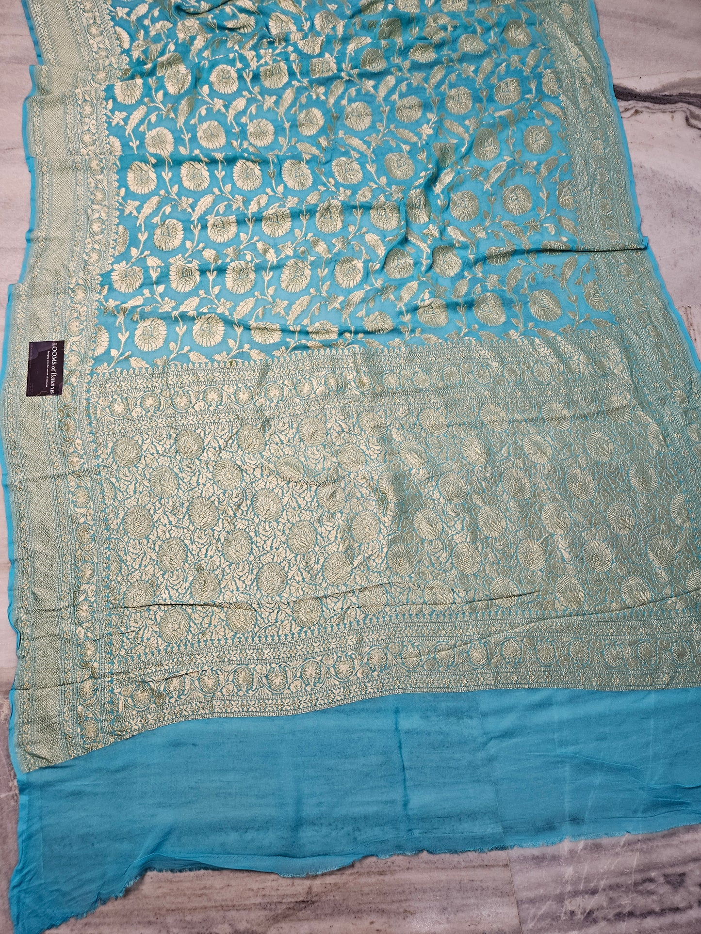 Pure Georgette Banarasi Saree weaving faux jaal watergold zari in Sky-Blue