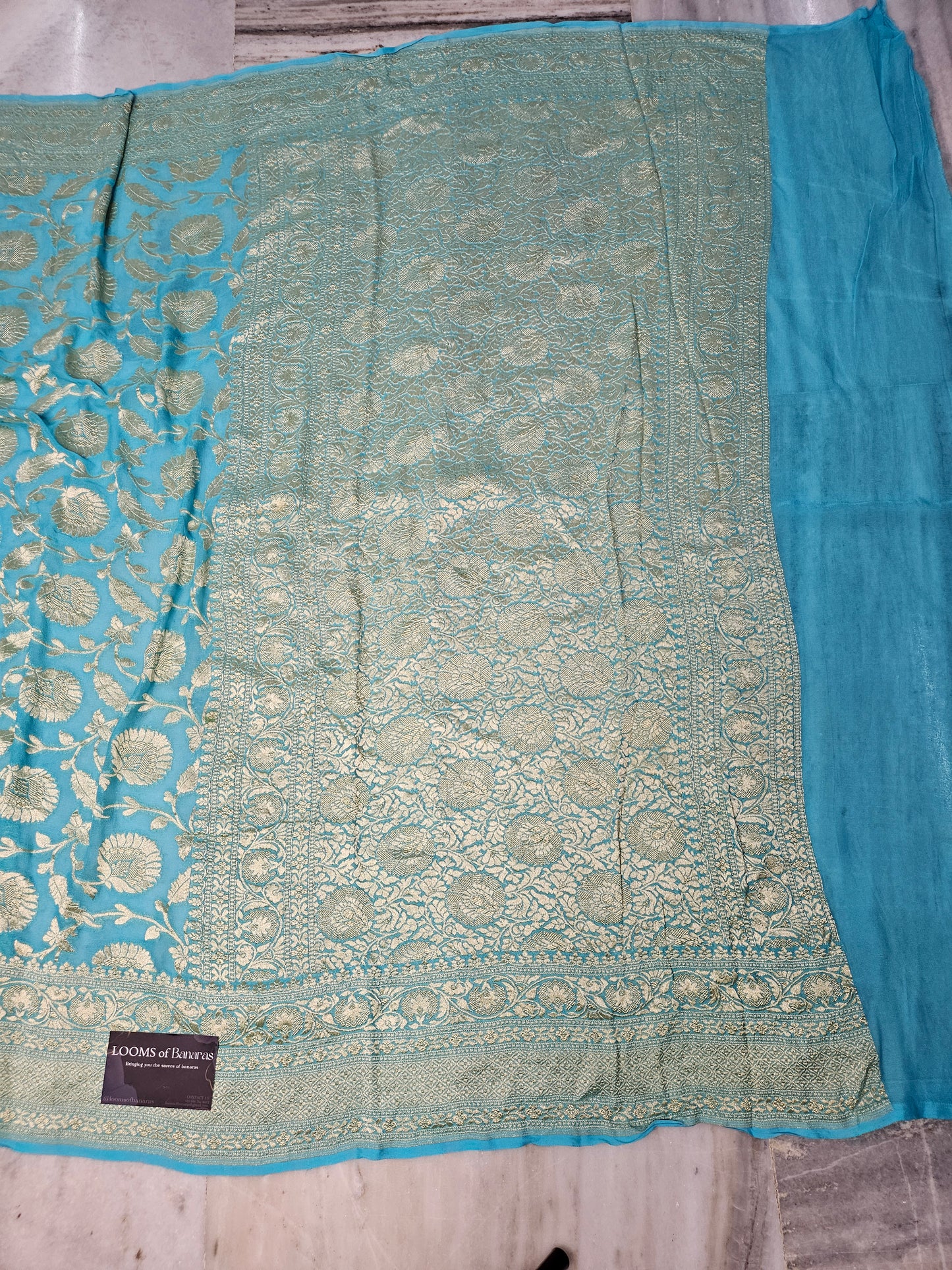 Pure Georgette Banarasi Saree weaving faux jaal watergold zari in Sky-Blue