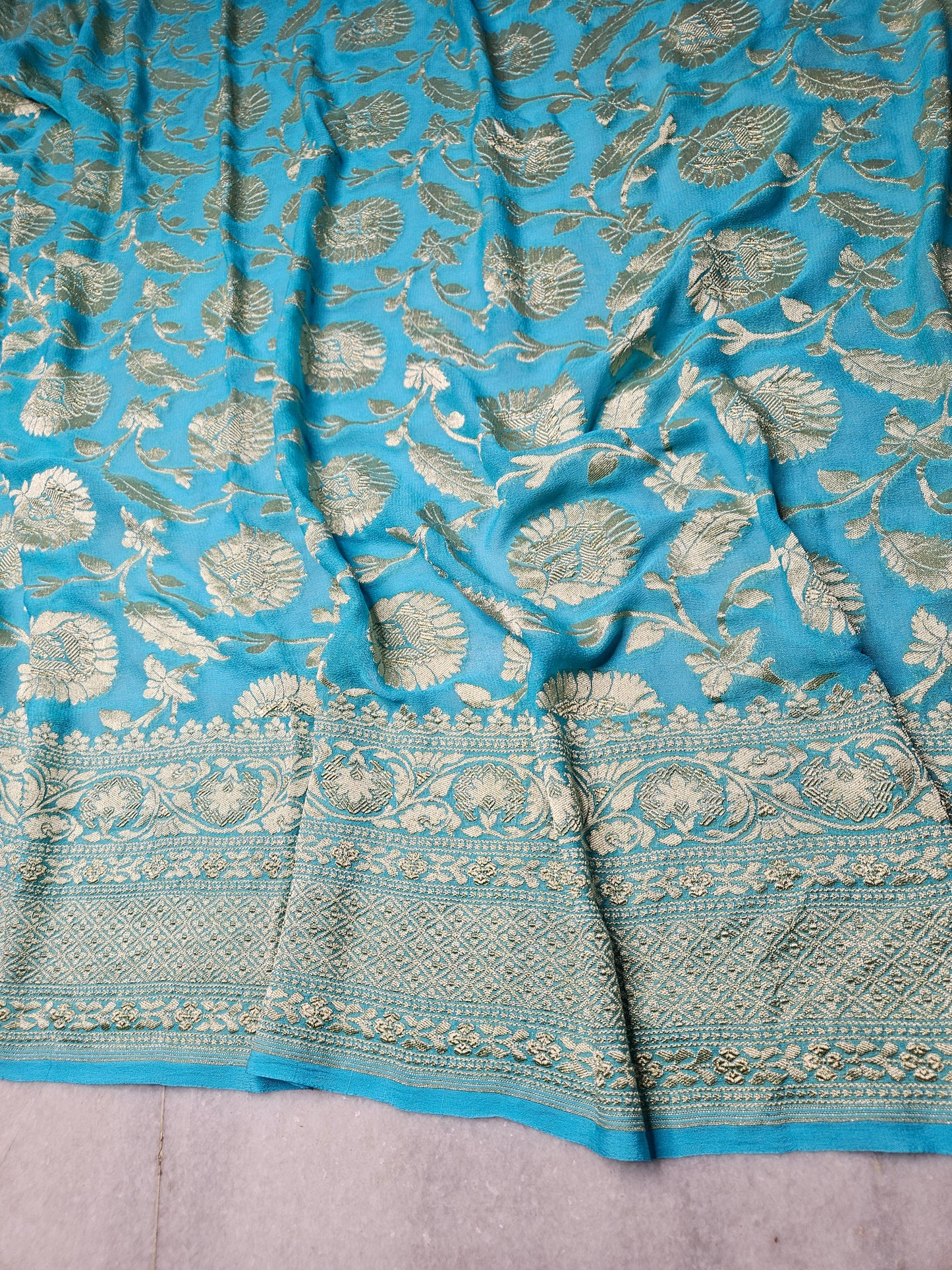 Pure Georgette Banarasi Saree weaving faux jaal watergold zari in Sky-Blue