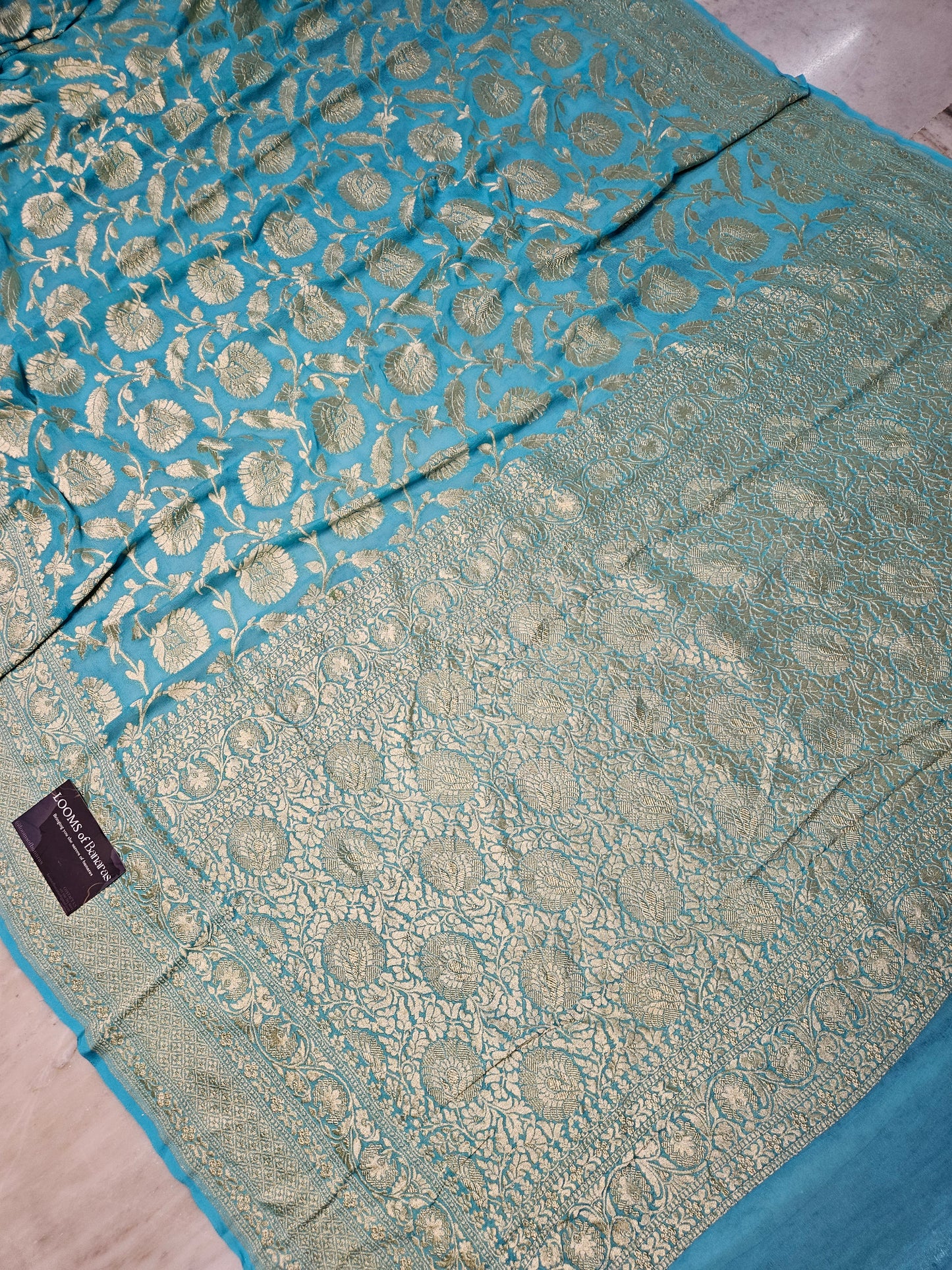 Pure Georgette Banarasi Saree weaving faux jaal watergold zari in Sky-Blue