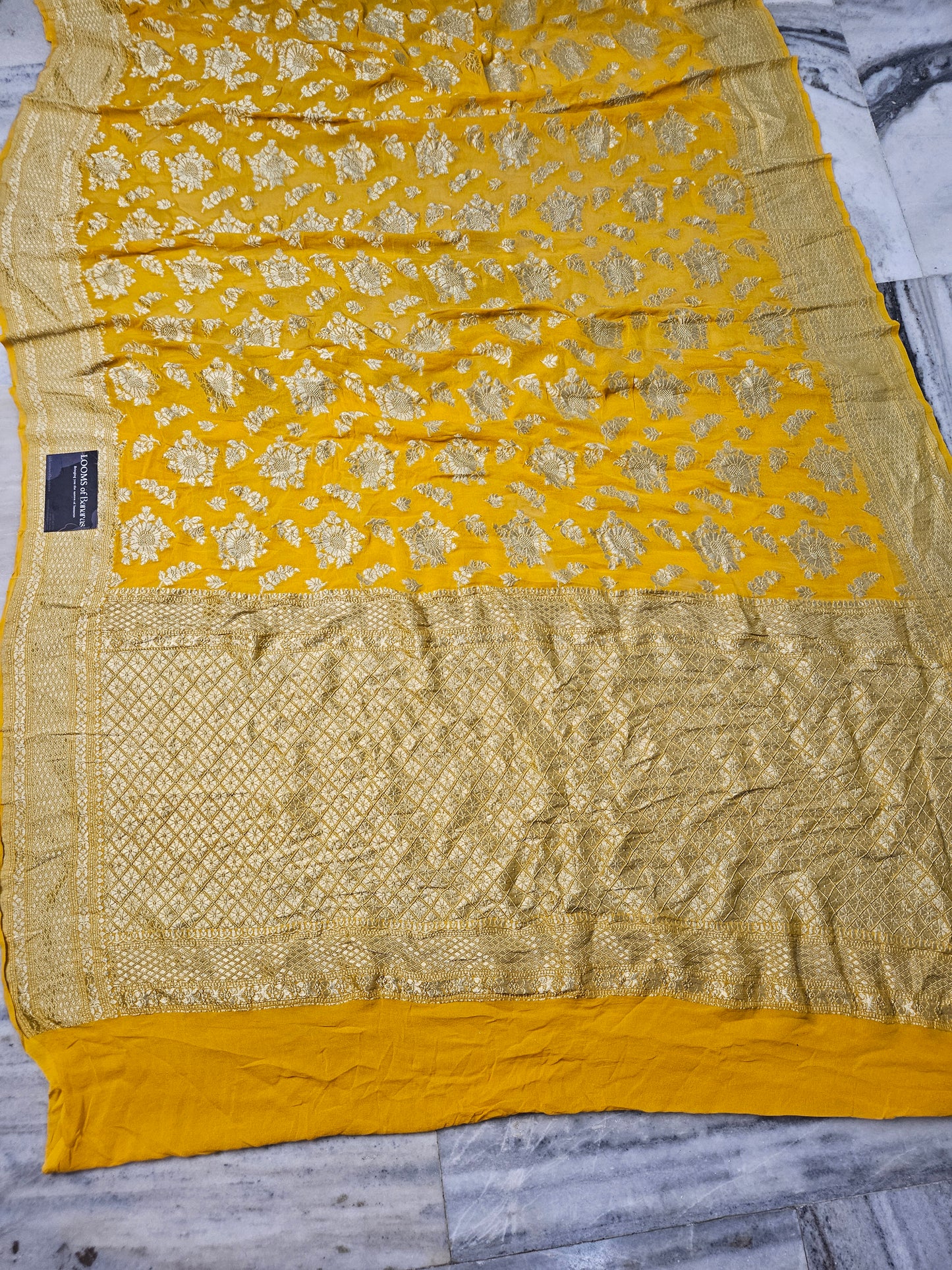 Yellow Pure Georgette Banarasi Saree Jaal weaving faux watergold zari