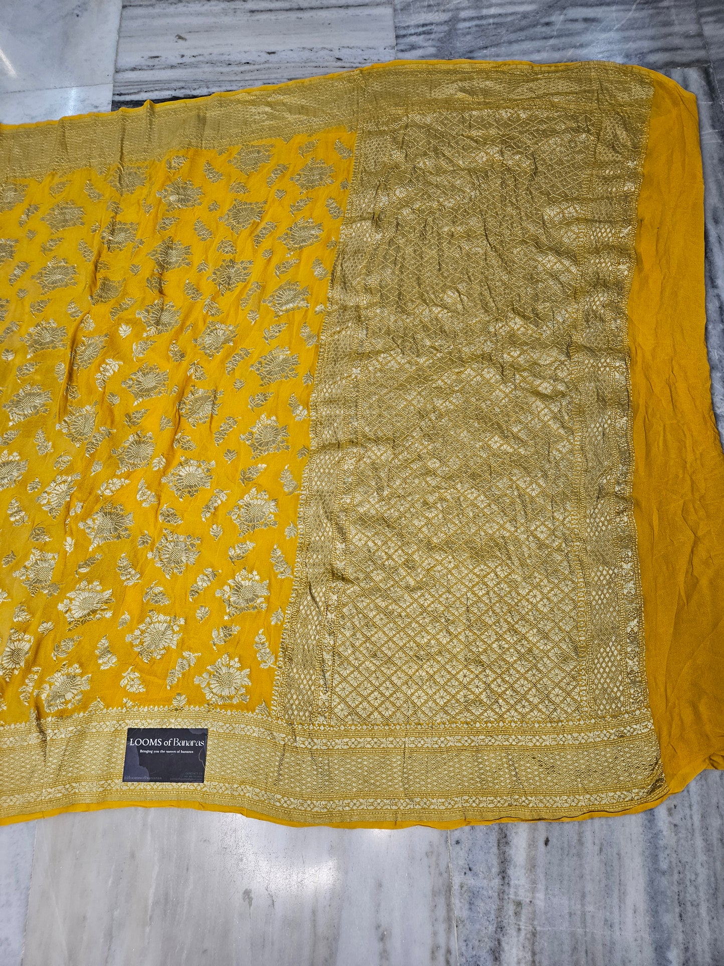 Yellow Pure Georgette Banarasi Saree Jaal weaving faux watergold zari