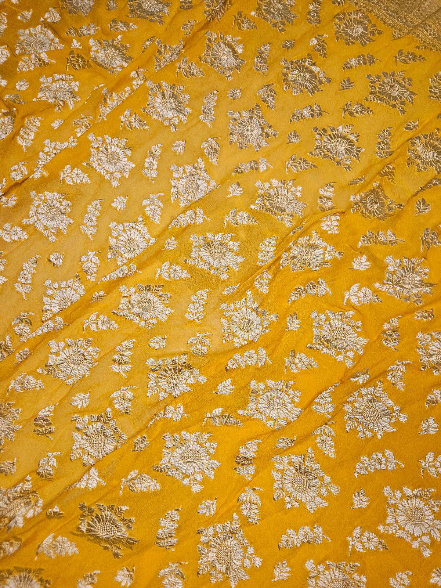 Yellow Pure Georgette Banarasi Saree Jaal weaving faux watergold zari