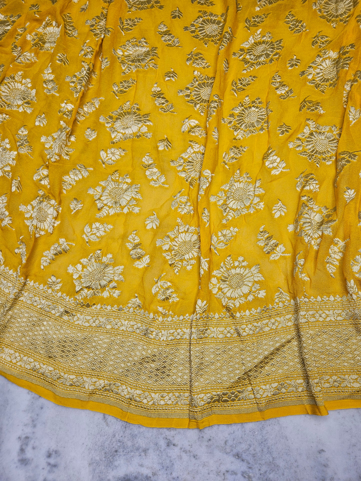 Yellow Pure Georgette Banarasi Saree Jaal weaving faux watergold zari