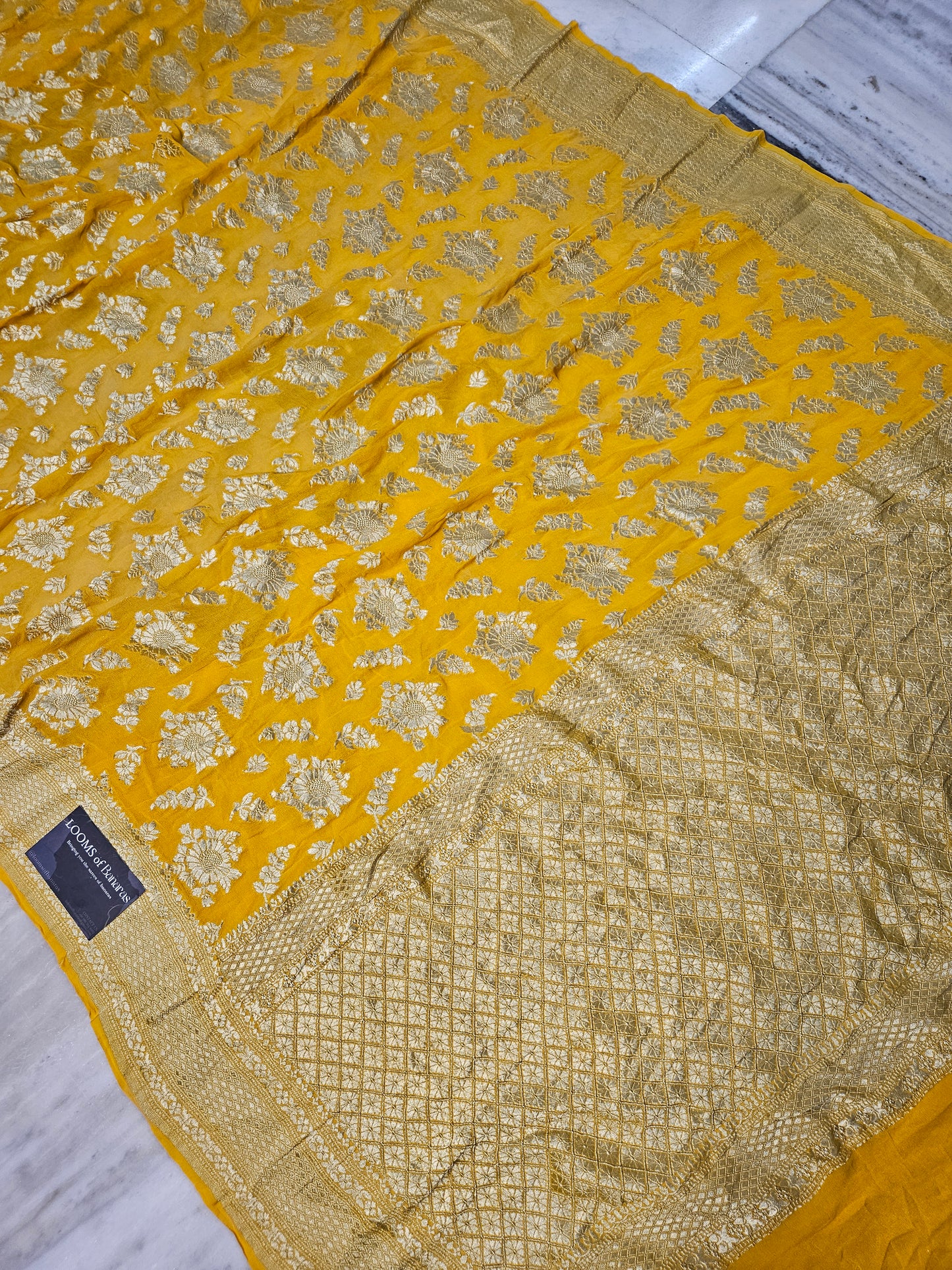 Yellow Pure Georgette Banarasi Saree Jaal weaving faux watergold zari