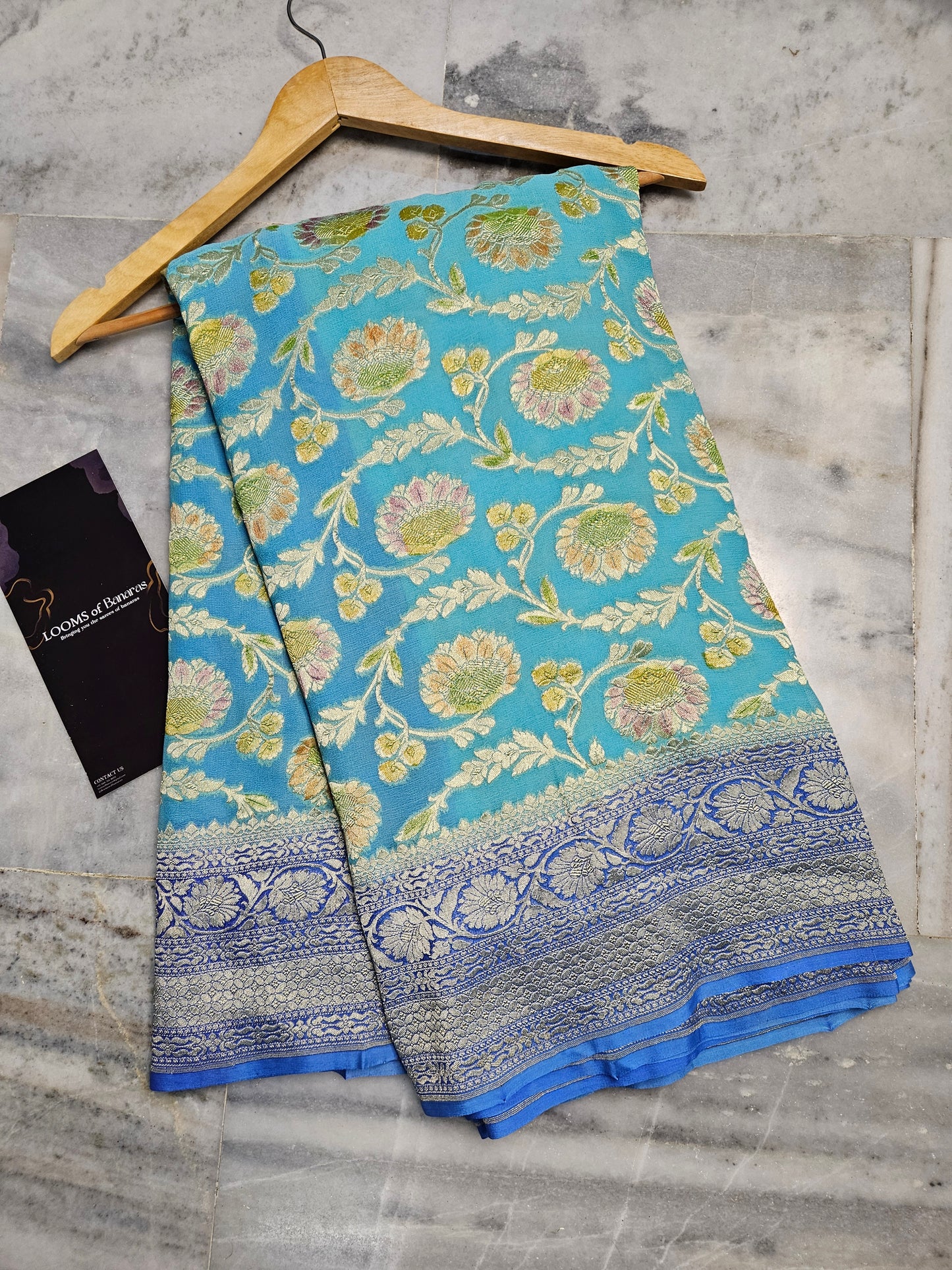 Pure Georgette Sky Blue Contrast Hand Brush Work Banarasi Saree