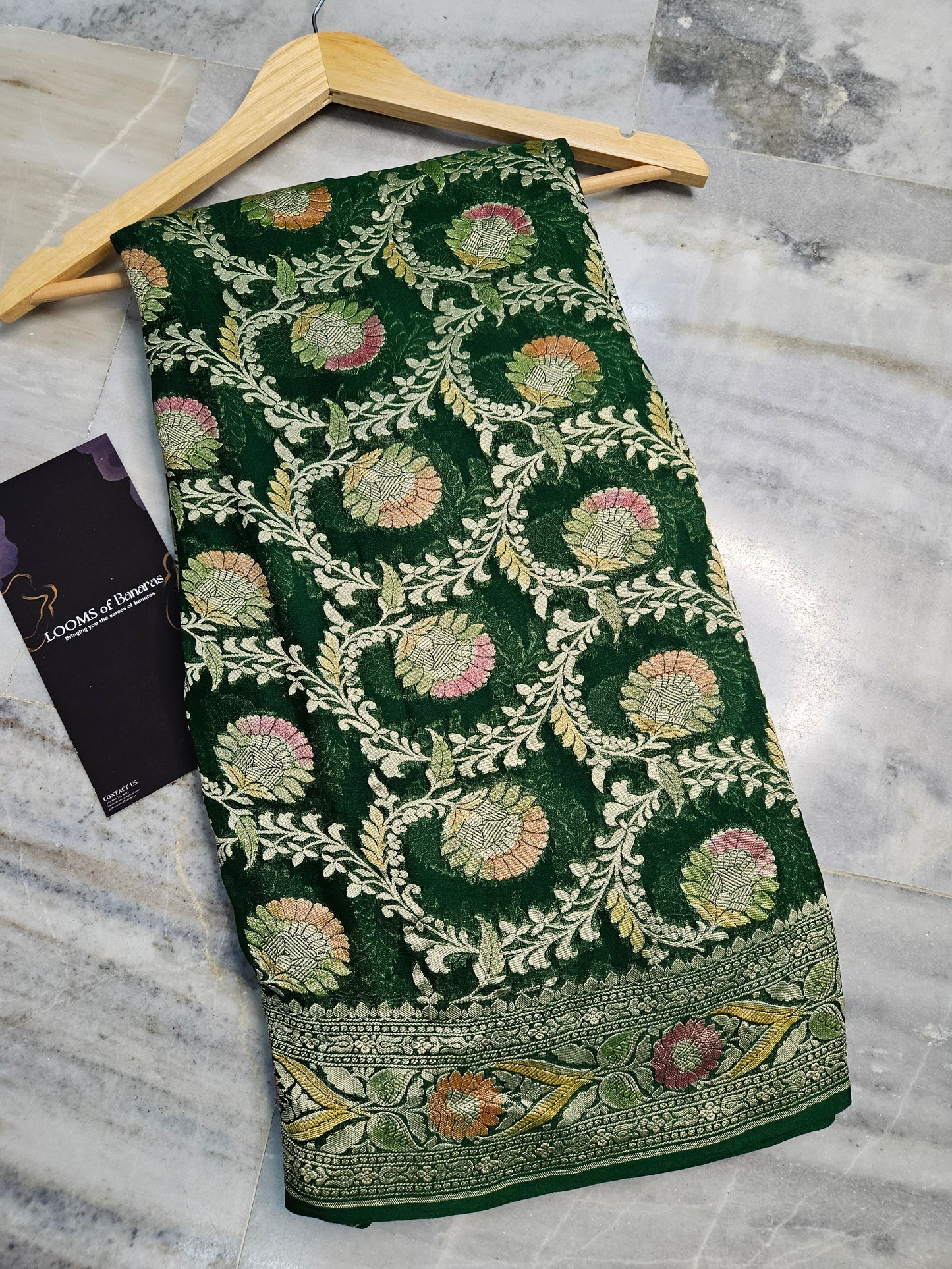 Pure Georgette Banarasi Saree Hand Brush Meena Floral Motifs Work in bottle green