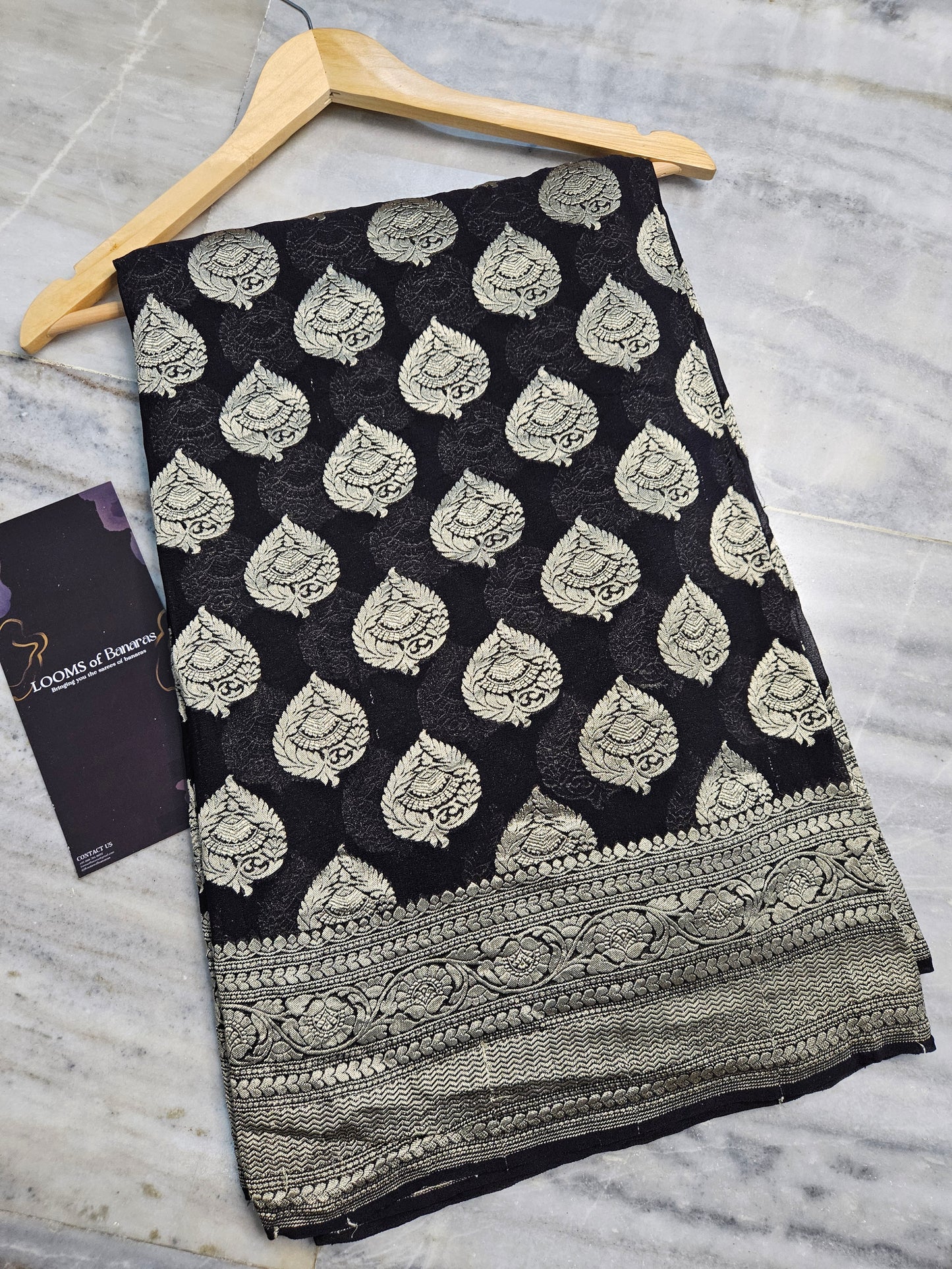 Pure Georgette Banarasi Saree weaving faux buta watergold zari in black