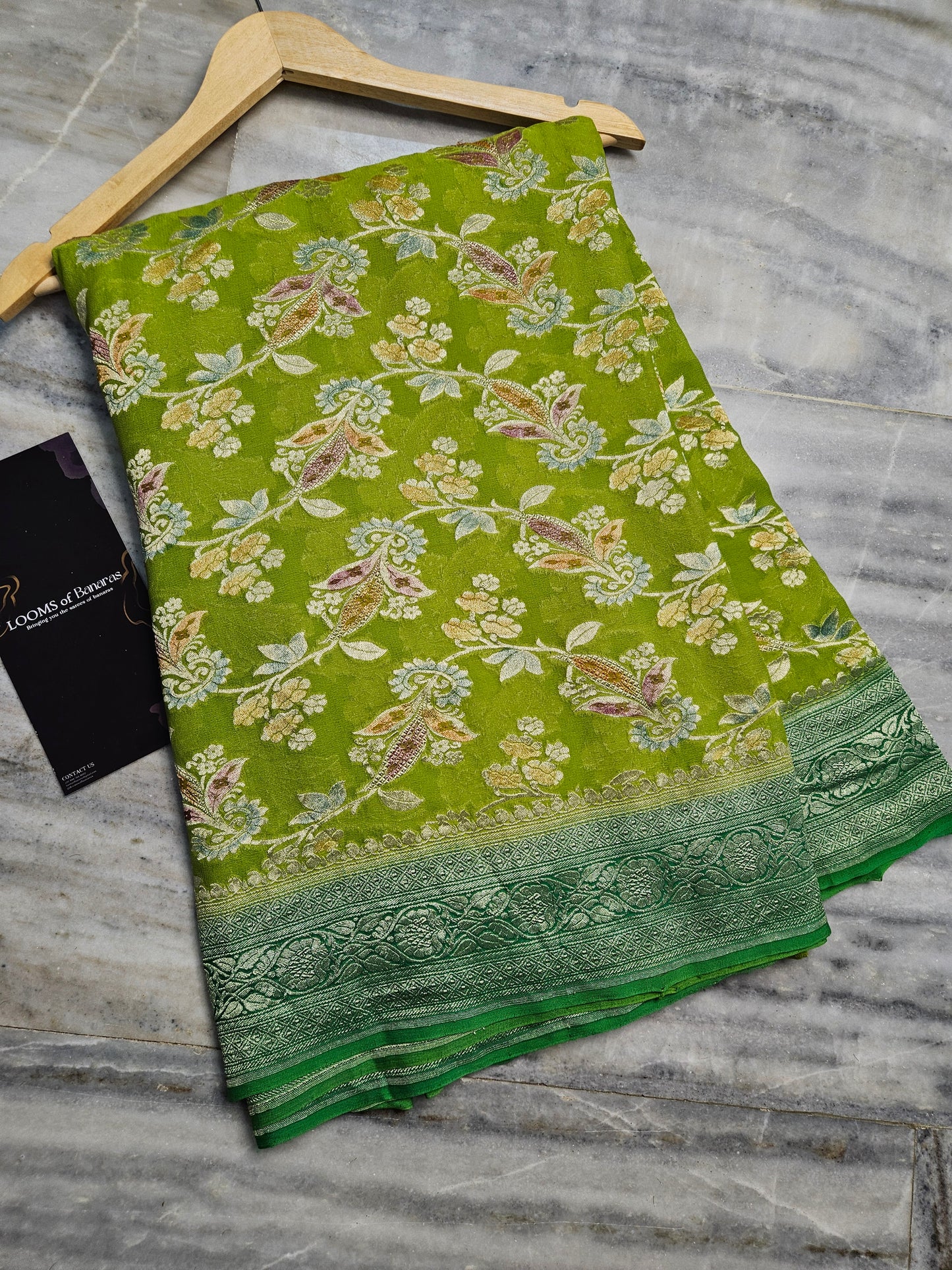 Pure Georgette Hand Brush Meena Work Banarasi Saree in Parrot Green