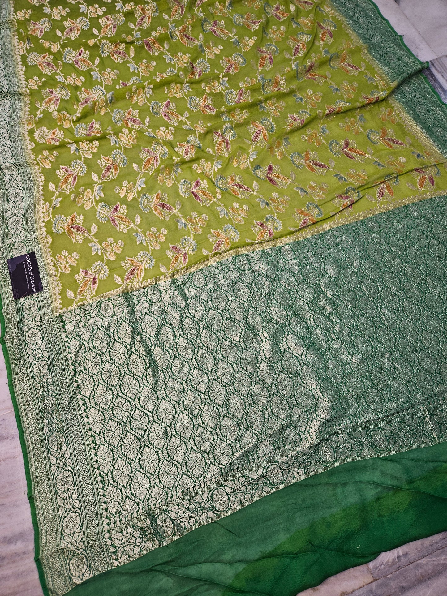 Pure Georgette Hand Brush Meena Work Banarasi Saree in Parrot Green