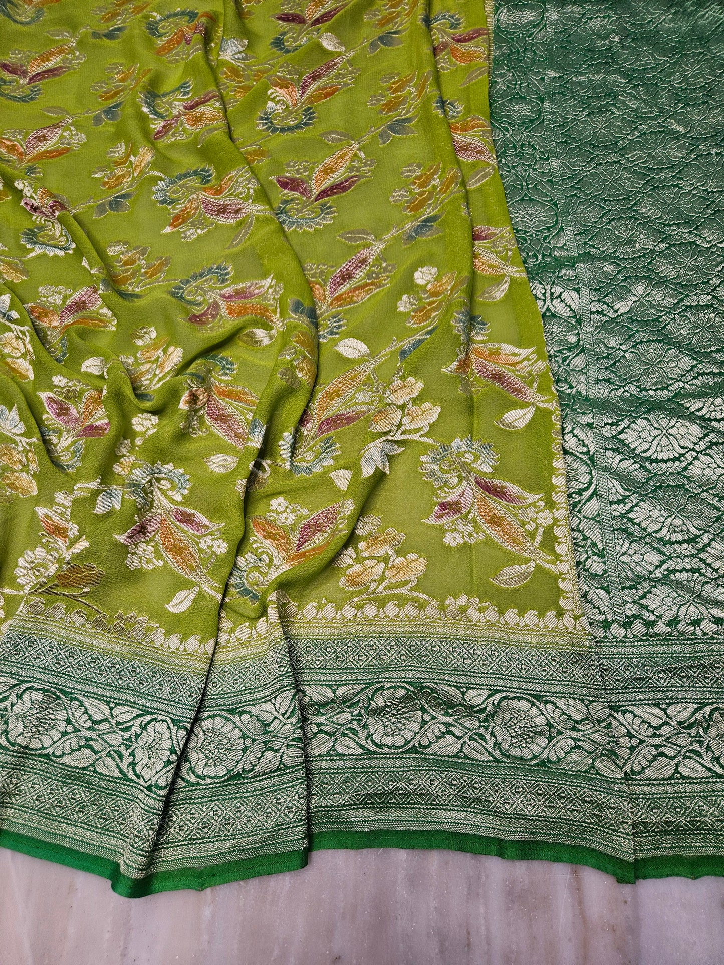 Pure Georgette Hand Brush Meena Work Banarasi Saree in Parrot Green