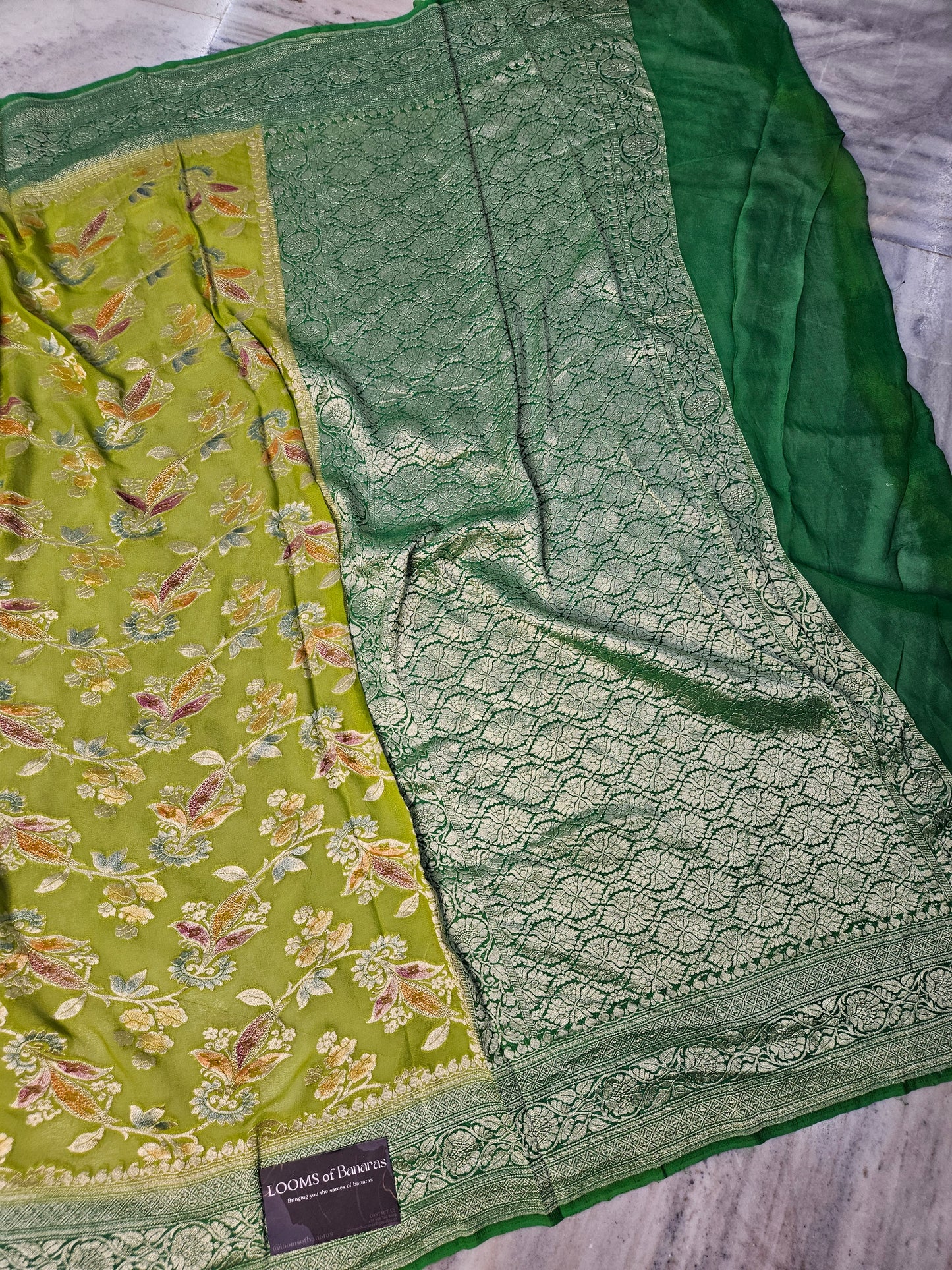 Pure Georgette Hand Brush Meena Work Banarasi Saree in Parrot Green