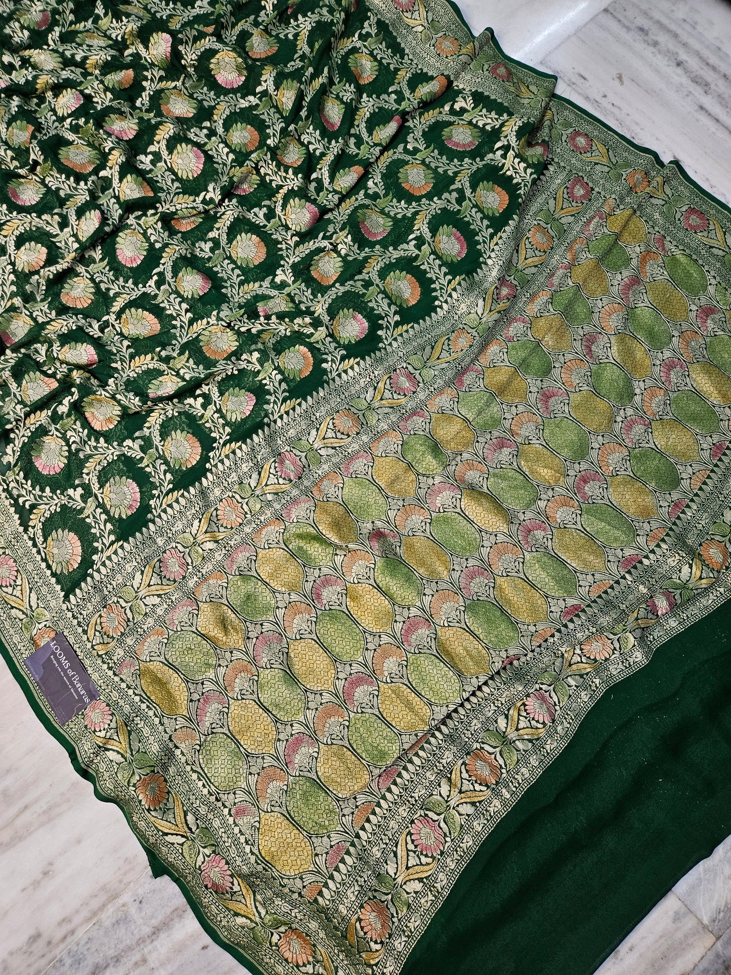 Pure Georgette Banarasi Saree Hand Brush Meena Floral Motifs Work in bottle green