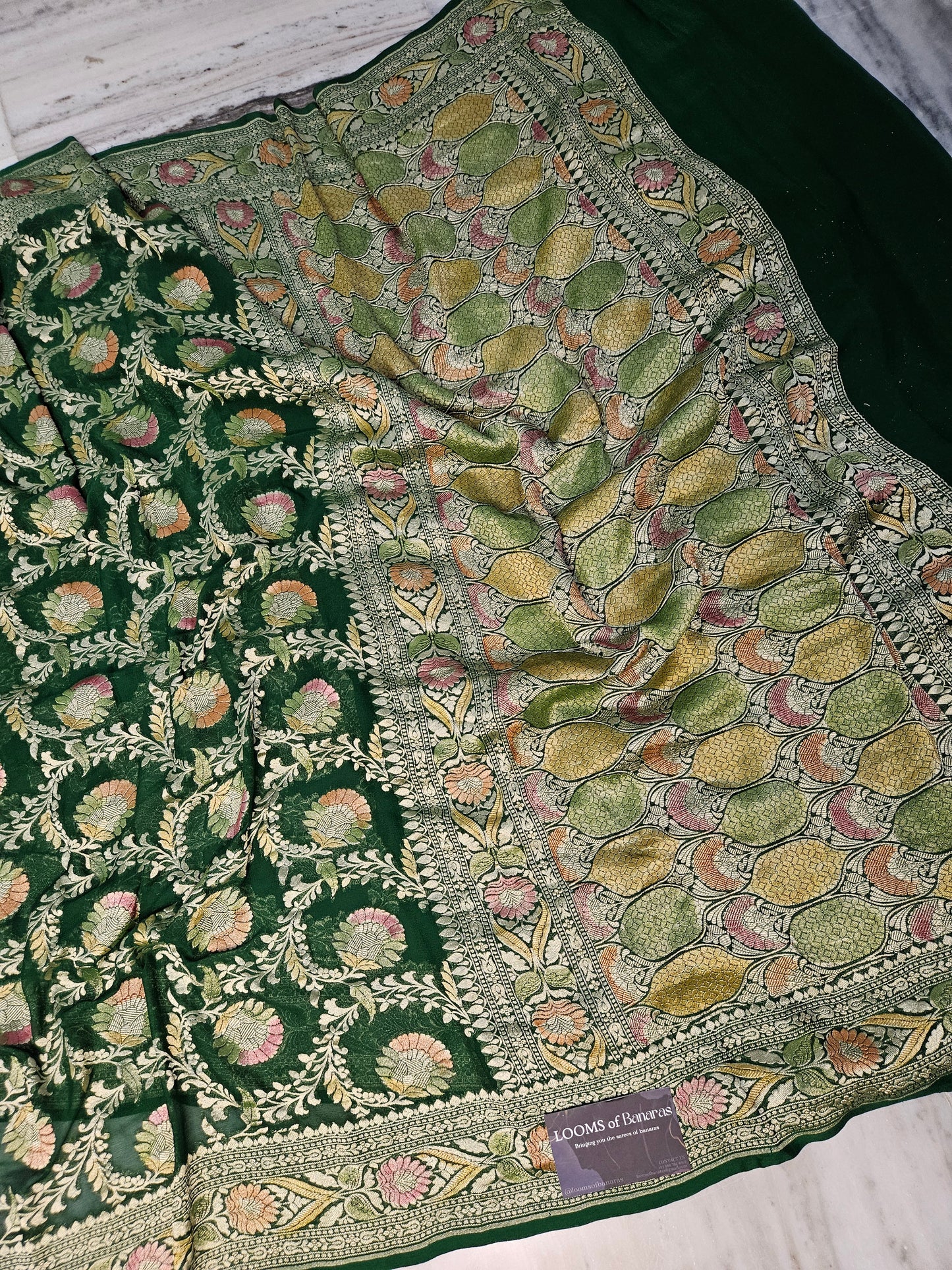 Pure Georgette Banarasi Saree Hand Brush Meena Floral Motifs Work in bottle green