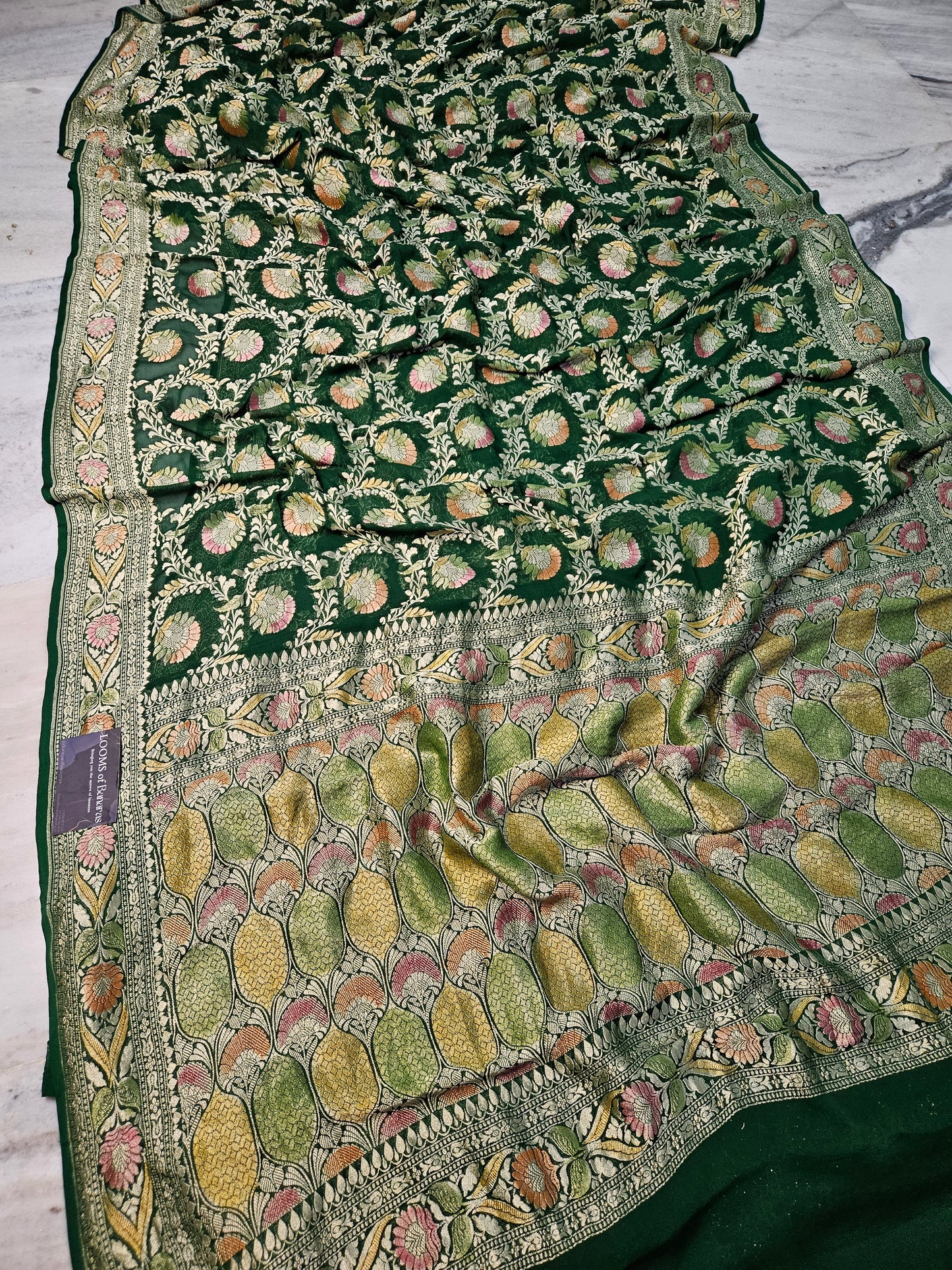 Pure Georgette Banarasi Saree Hand Brush Meena Floral Motifs Work in bottle green