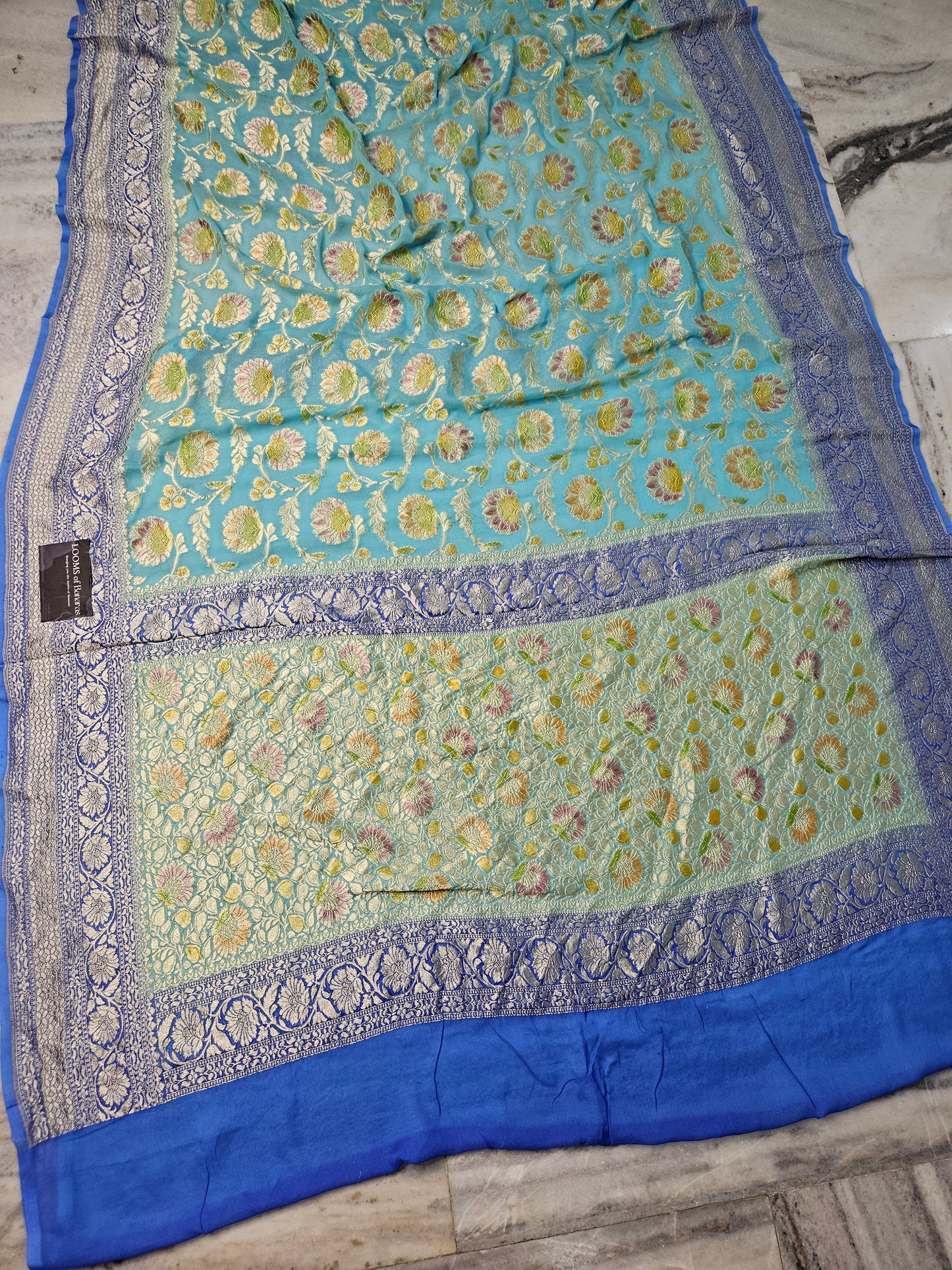 Pure Georgette Sky Blue Contrast Hand Brush Work Banarasi Saree