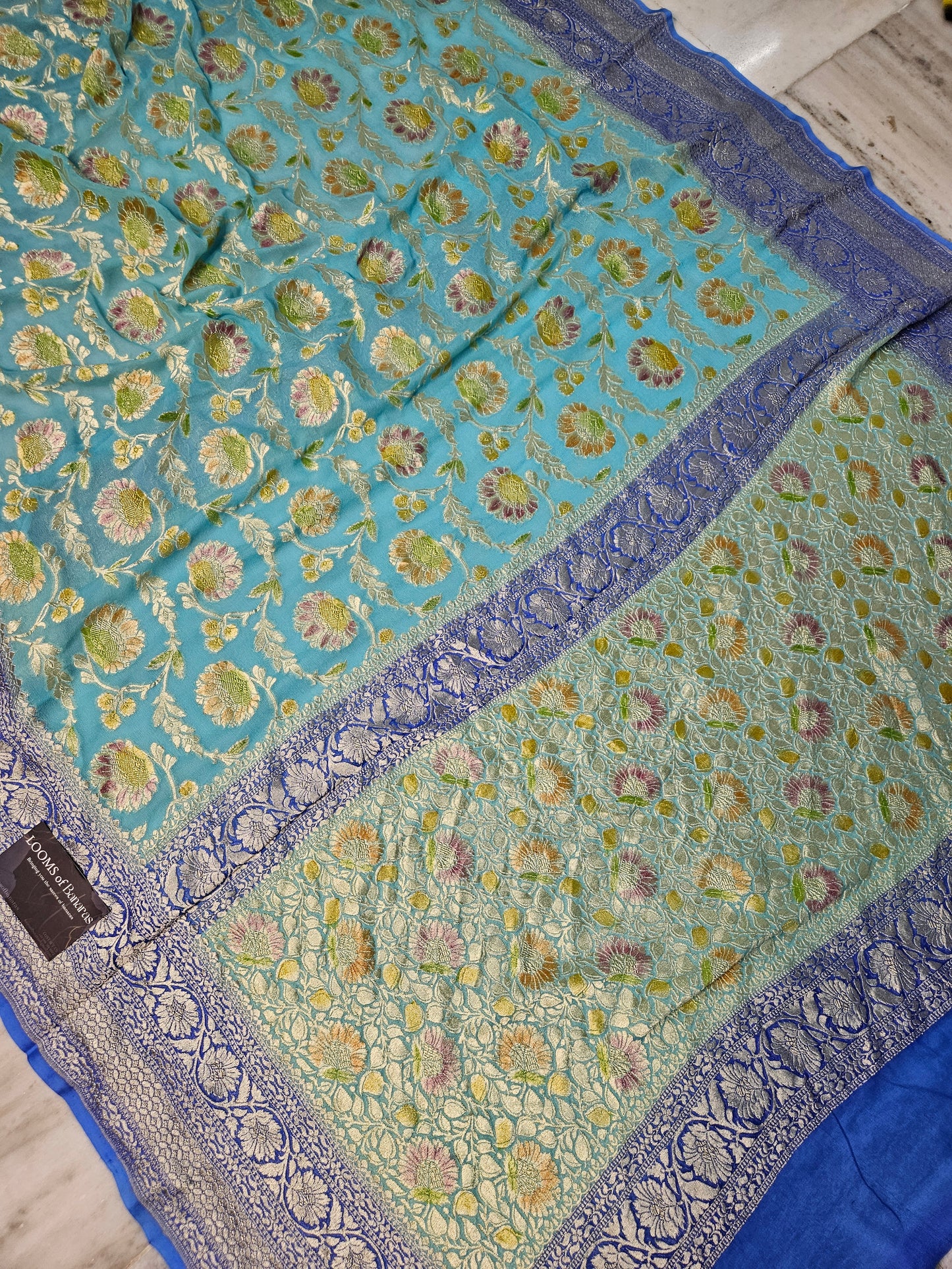 Pure Georgette Sky Blue Contrast Hand Brush Work Banarasi Saree