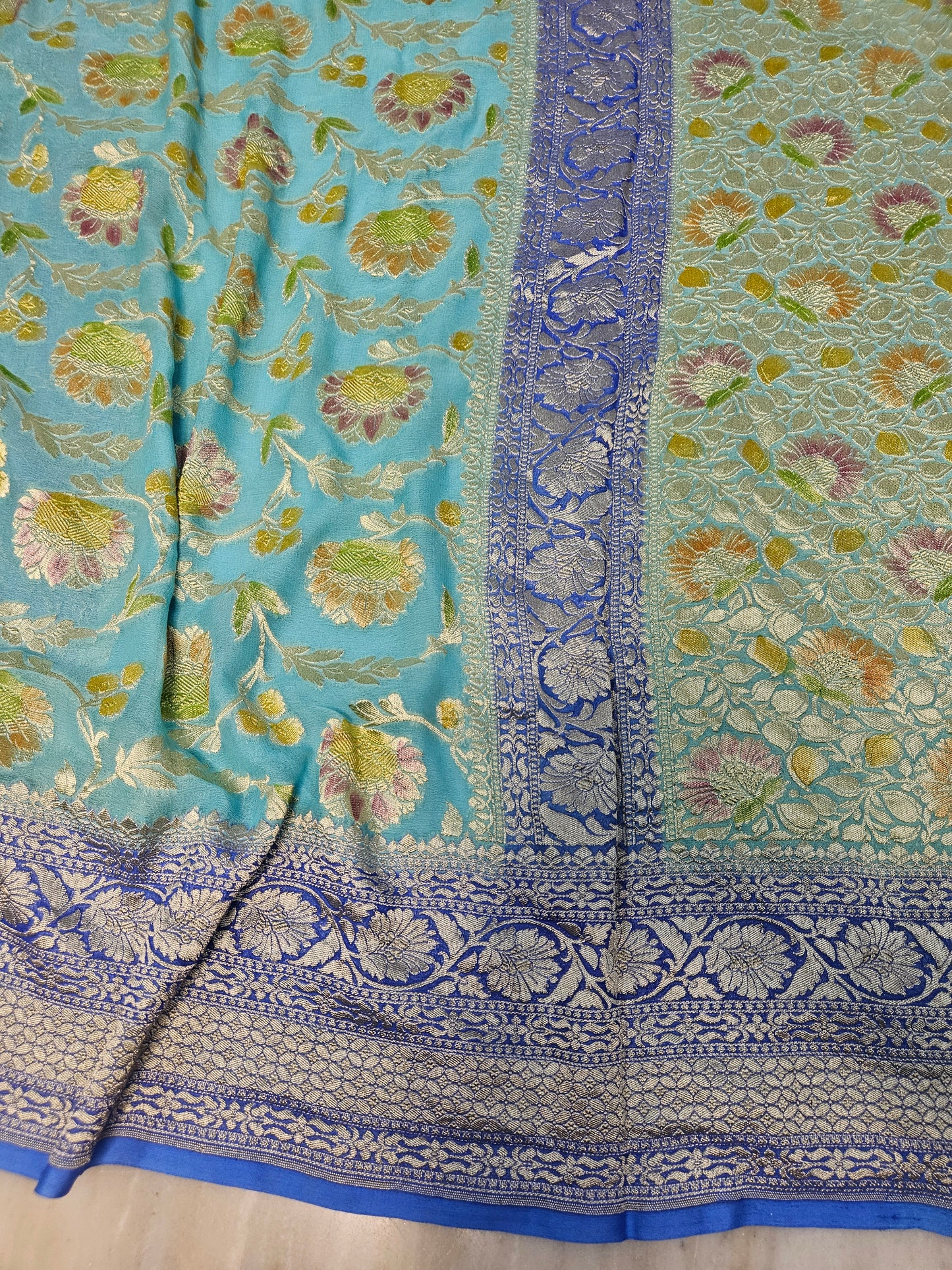 Pure Georgette Sky Blue Contrast Hand Brush Work Banarasi Saree