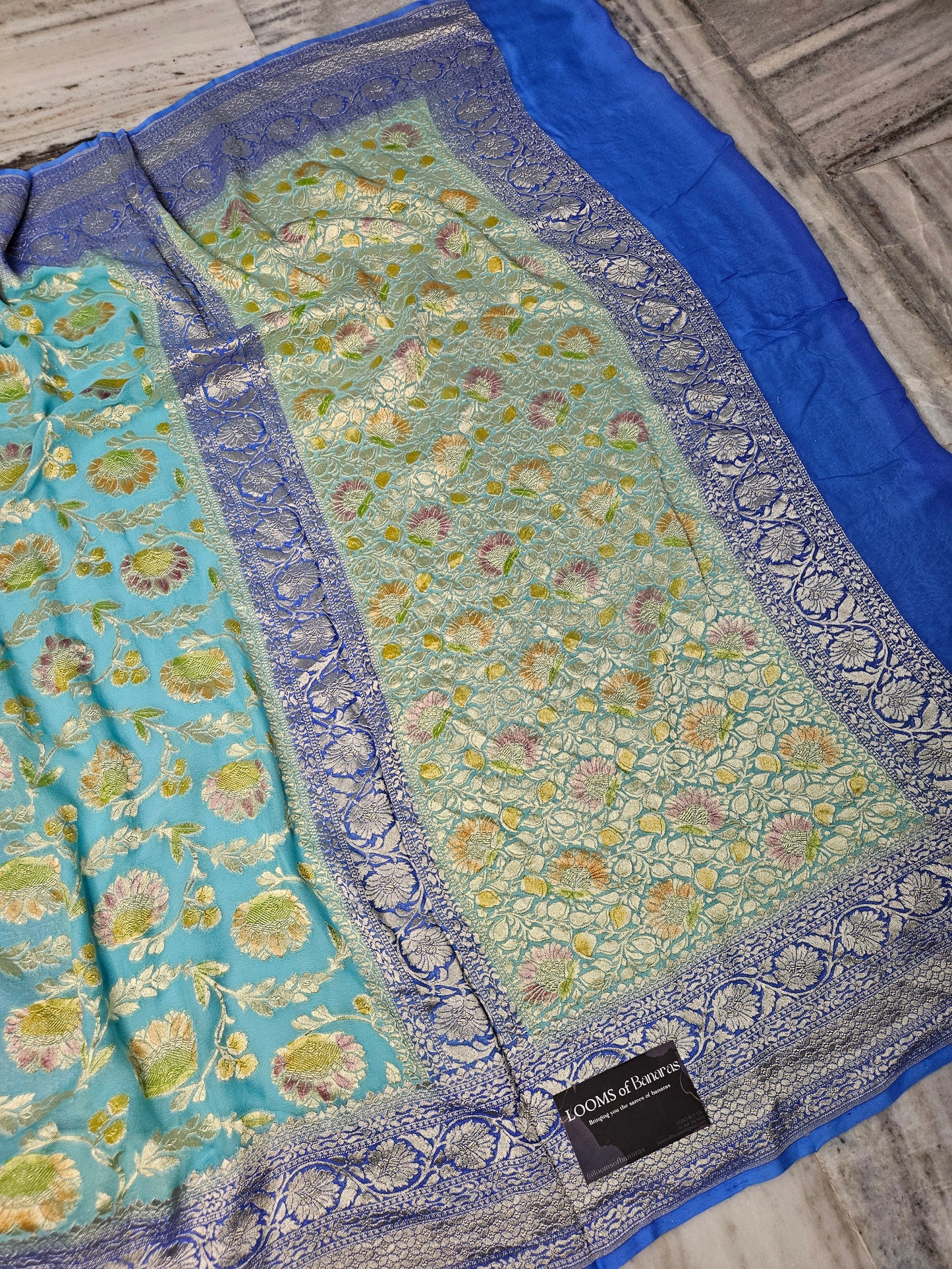 Pure Georgette Sky Blue Contrast Hand Brush Work Banarasi Saree