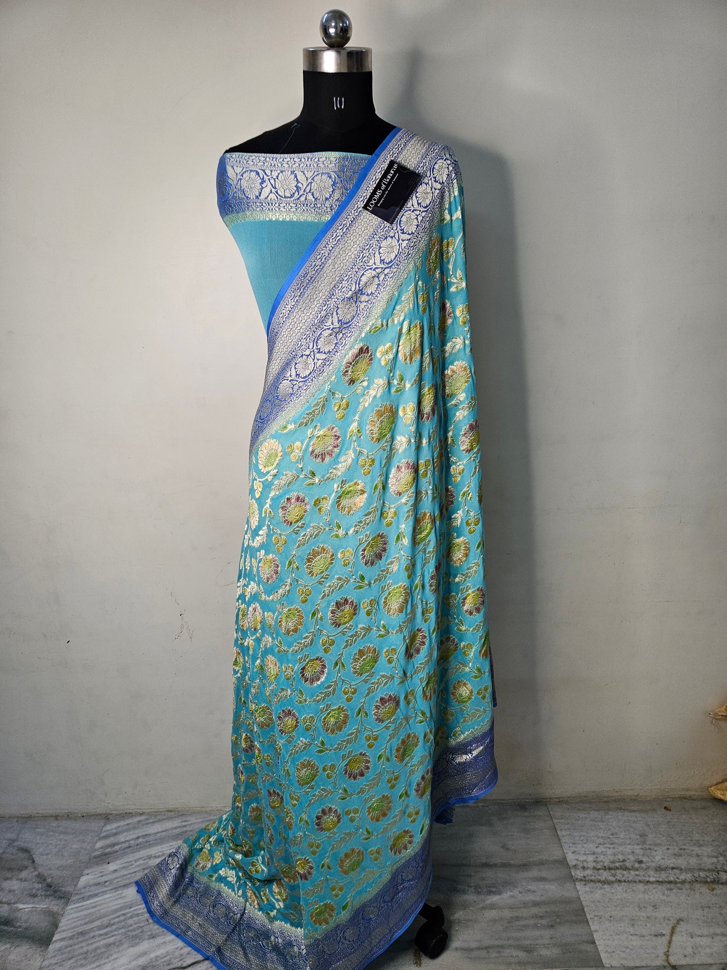 Pure Georgette Sky Blue Contrast Hand Brush Work Banarasi Saree