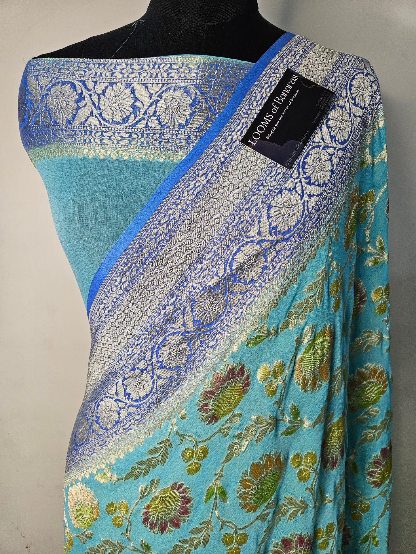 Pure Georgette Sky Blue Contrast Hand Brush Work Banarasi Saree