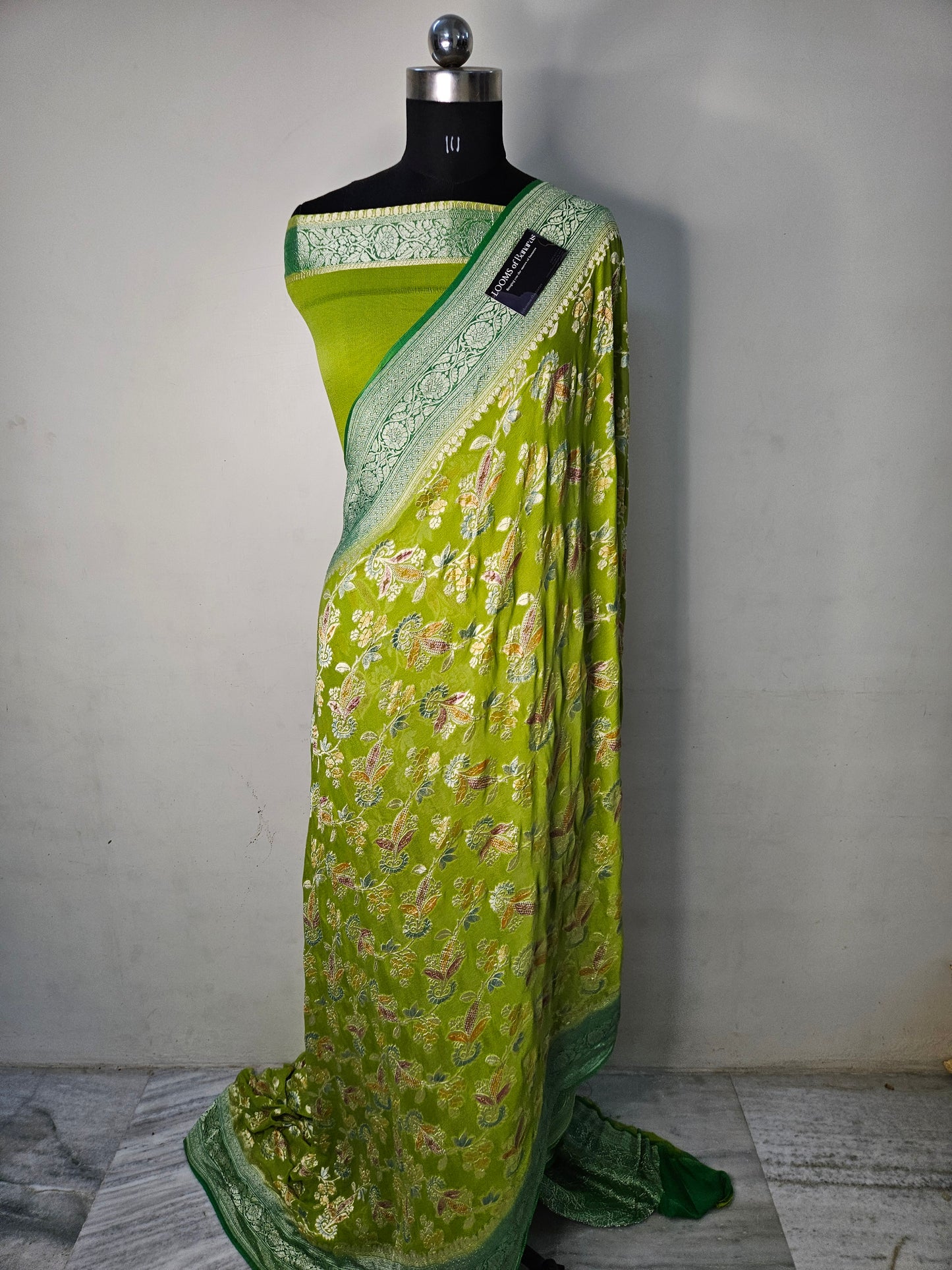 Pure Georgette Hand Brush Meena Work Banarasi Saree in Parrot Green