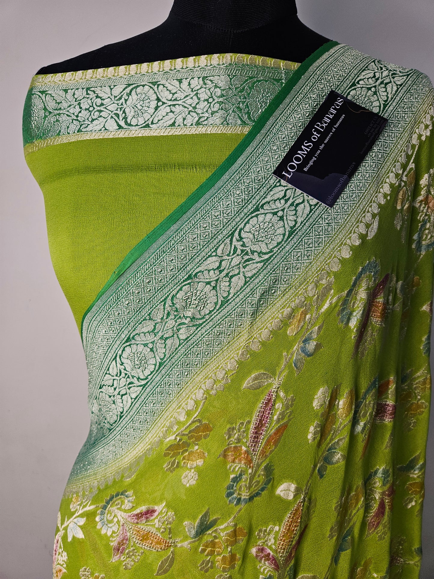 Pure Georgette Hand Brush Meena Work Banarasi Saree in Parrot Green