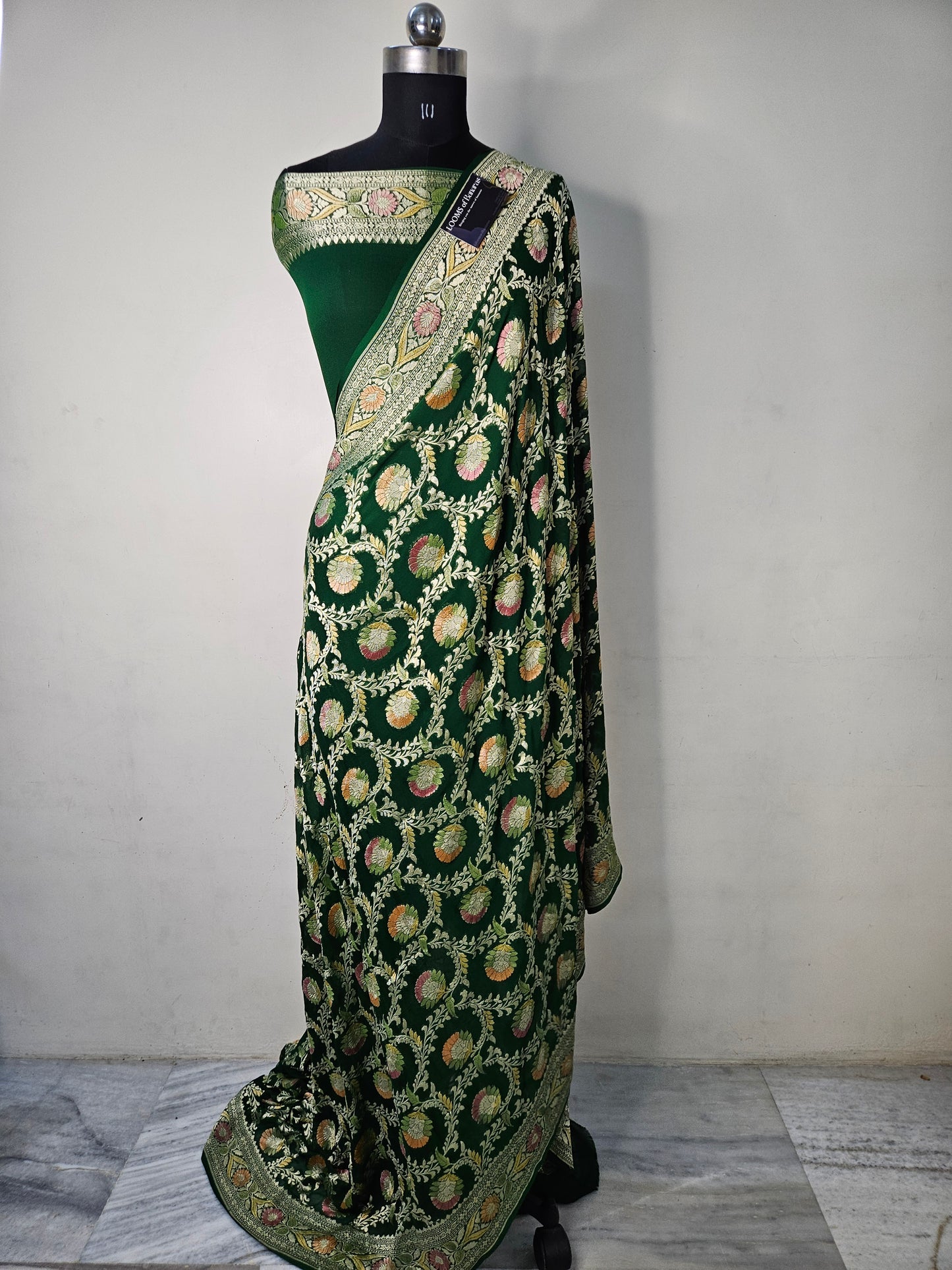 Pure Georgette Banarasi Saree Hand Brush Meena Floral Motifs Work in bottle green