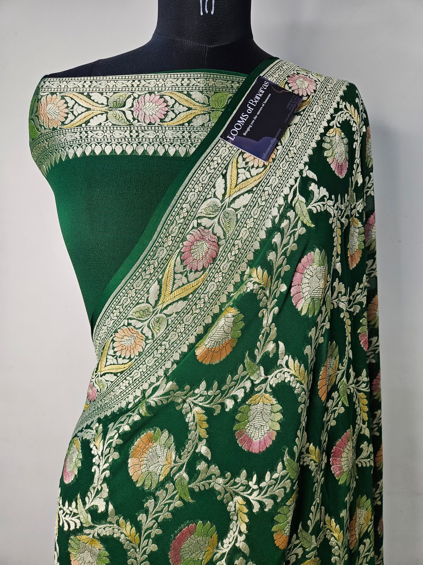 Pure Georgette Banarasi Saree Hand Brush Meena Floral Motifs Work in bottle green