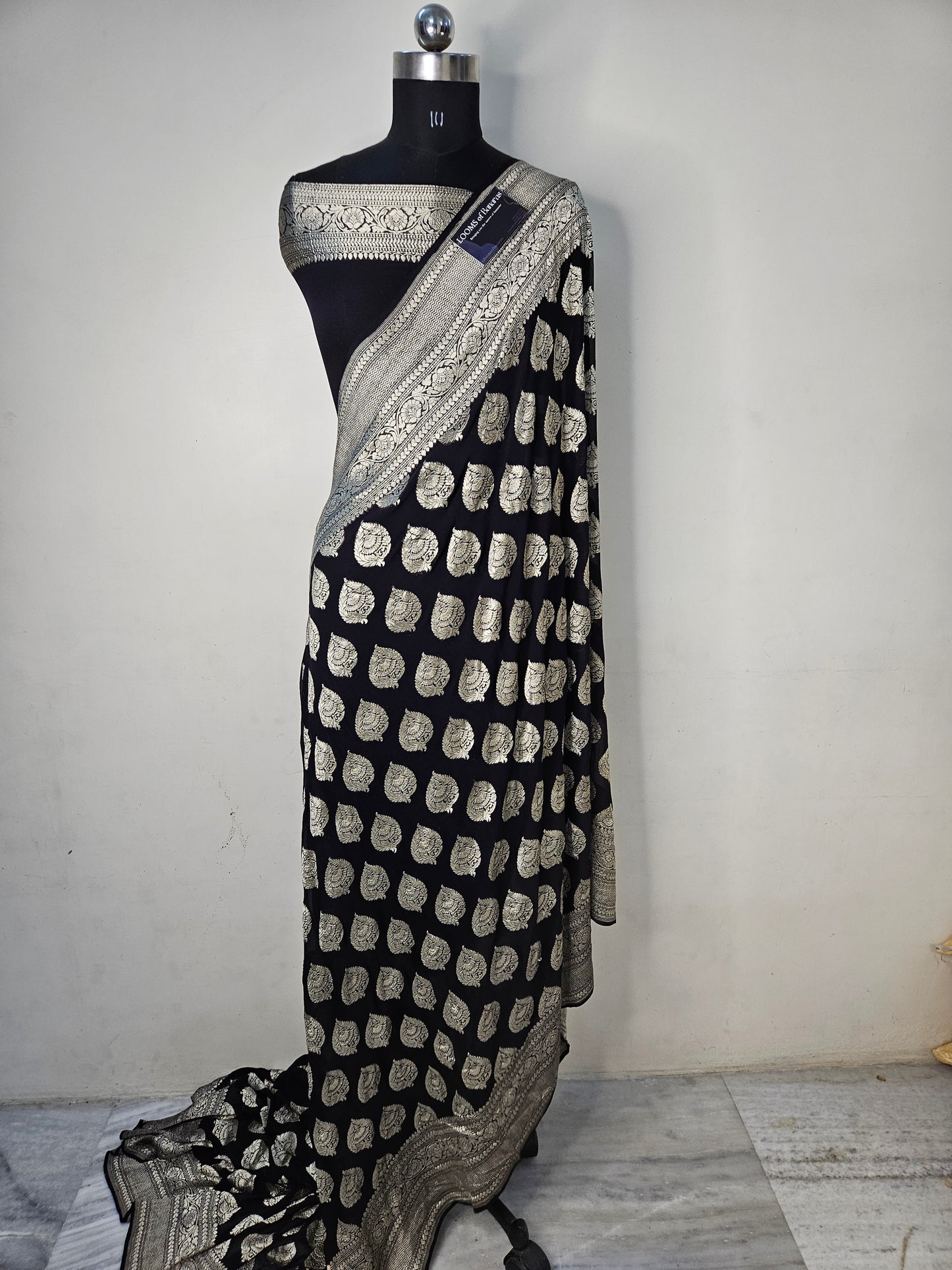 Pure Georgette Banarasi Saree weaving faux buta watergold zari in black