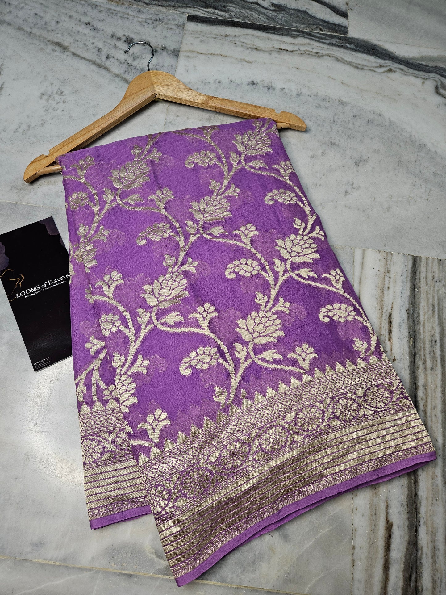 pure georgette silk woven tested zari banarasi saree in Lavender
