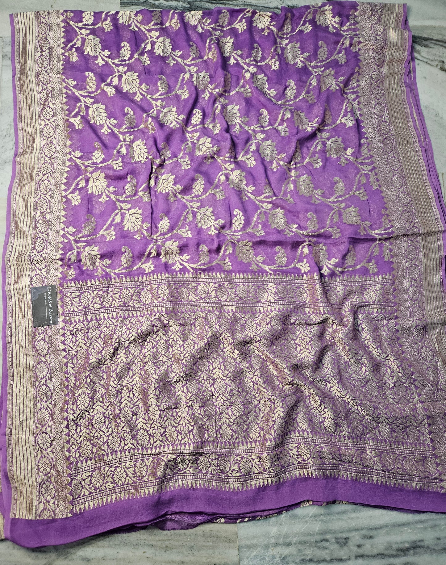 pure georgette silk woven tested zari banarasi saree in Lavender