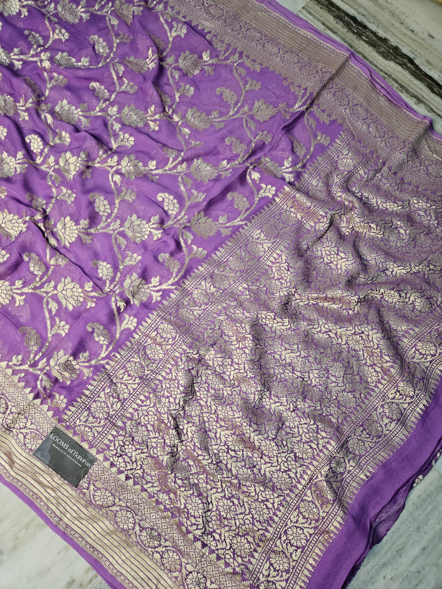 pure georgette silk woven tested zari banarasi saree in Lavender